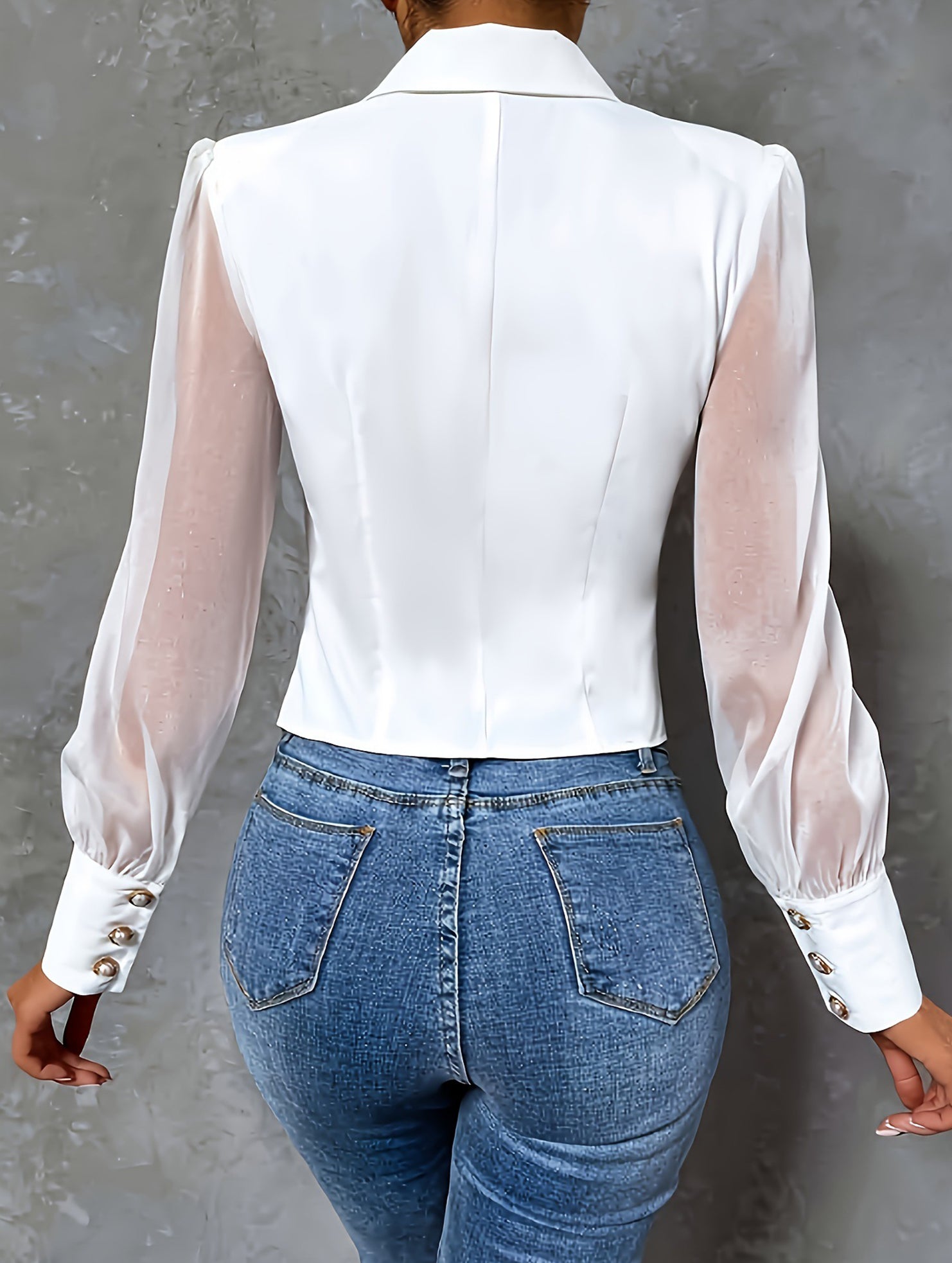 Single-breasted mesh sleeve slim-fit top