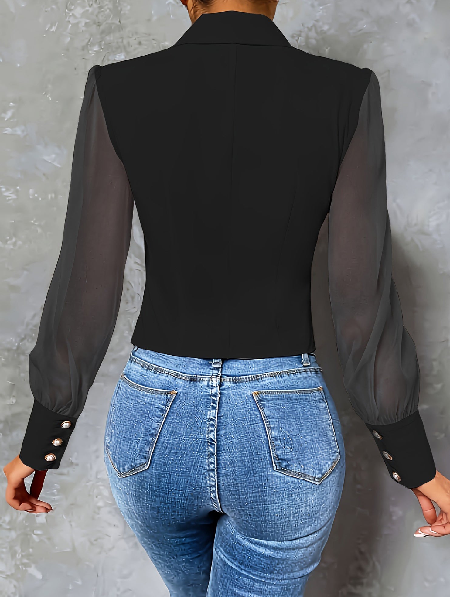 Single-breasted mesh sleeve slim-fit top