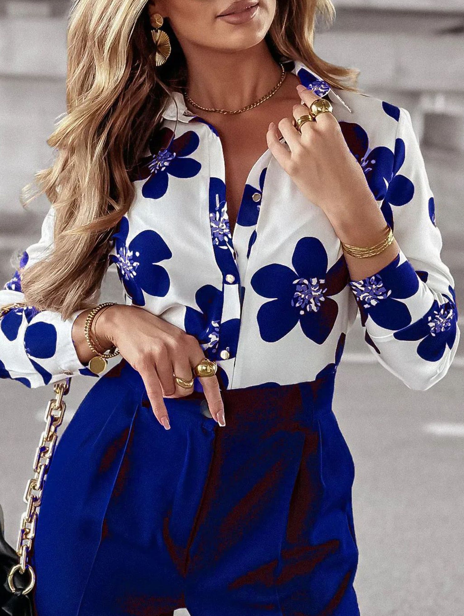 Lapel long-sleeved floral shirt