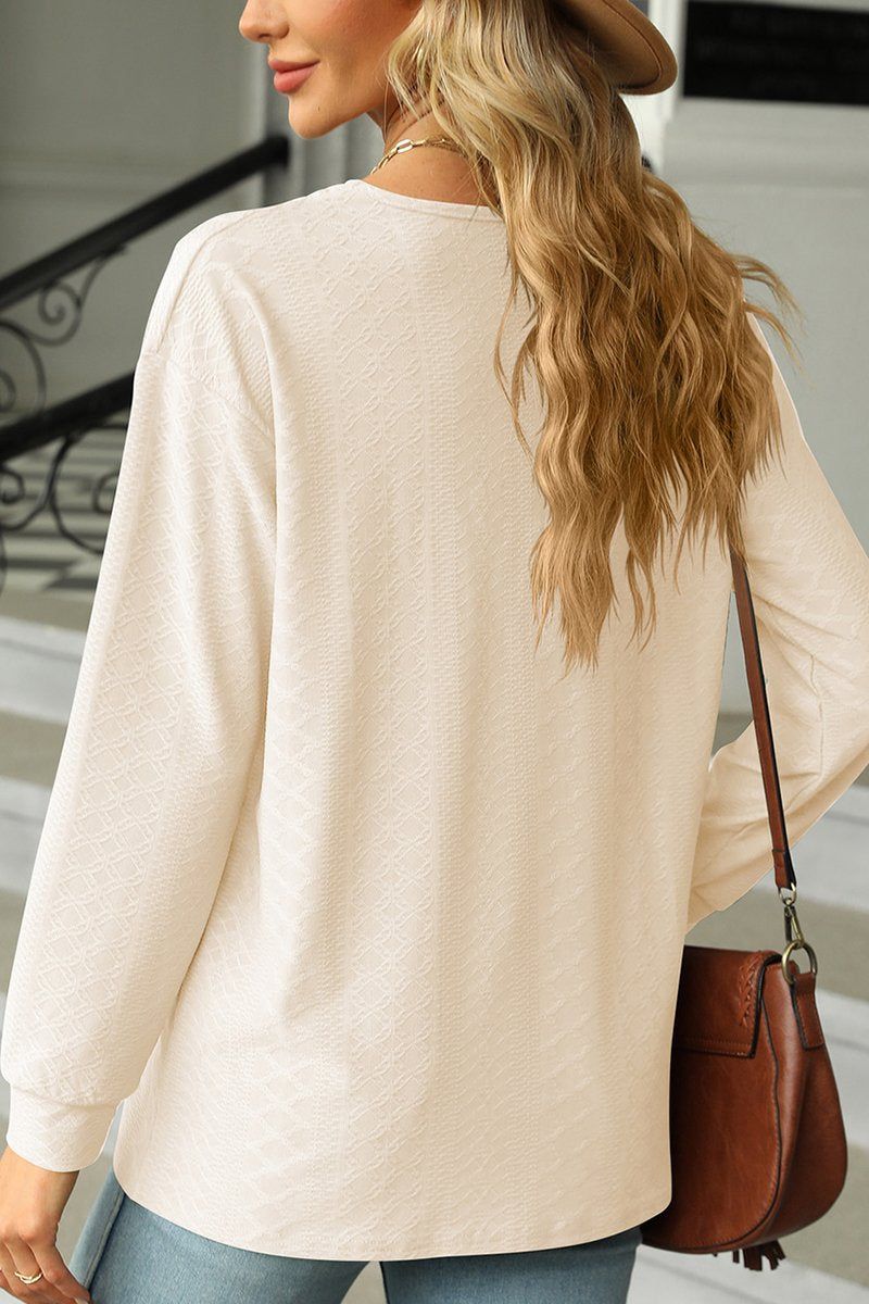 Button Decked V Neck Pattern Stitched Blouse_Cwtbll0154