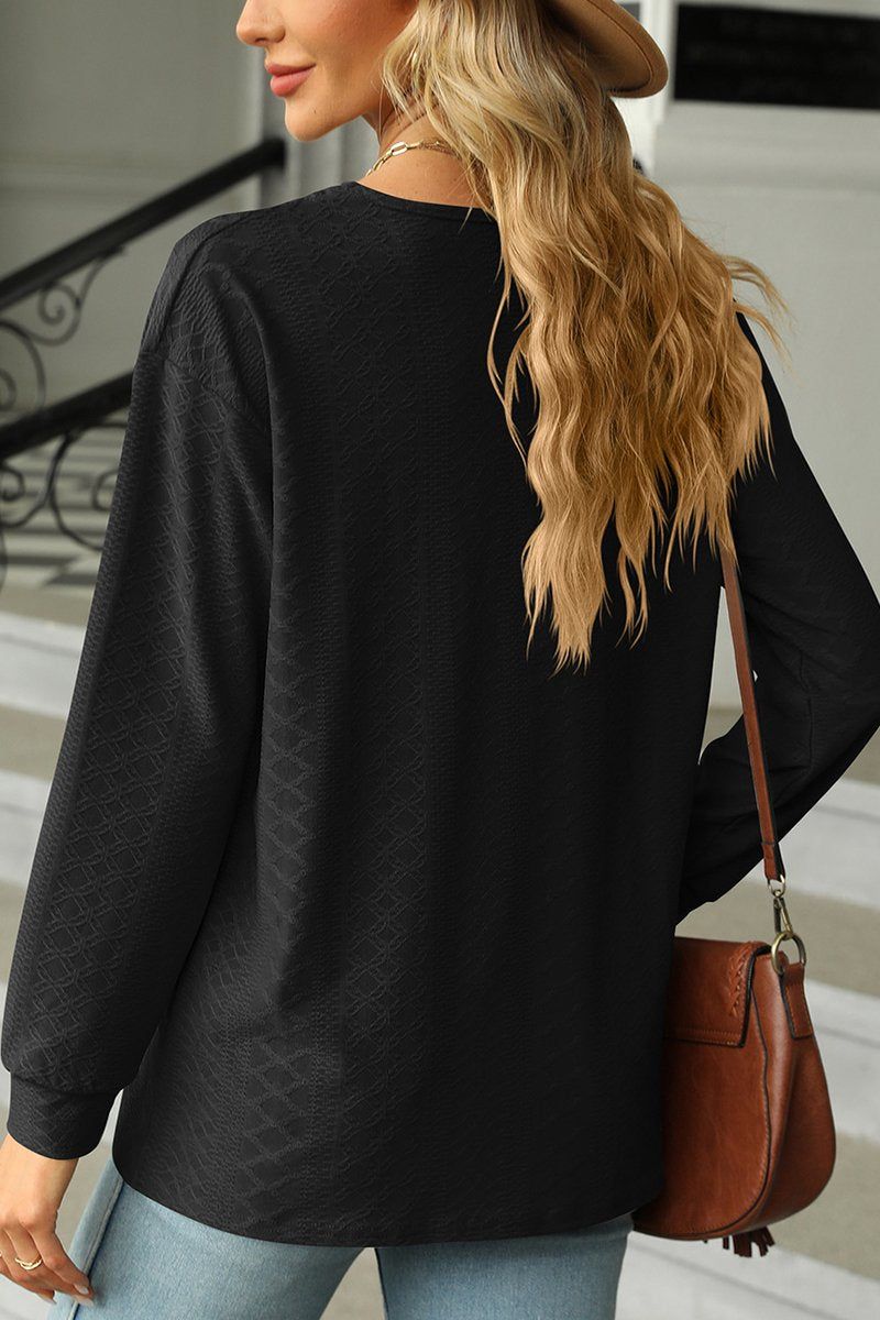 Button Decked V Neck Pattern Stitched Blouse_Cwtbll0154