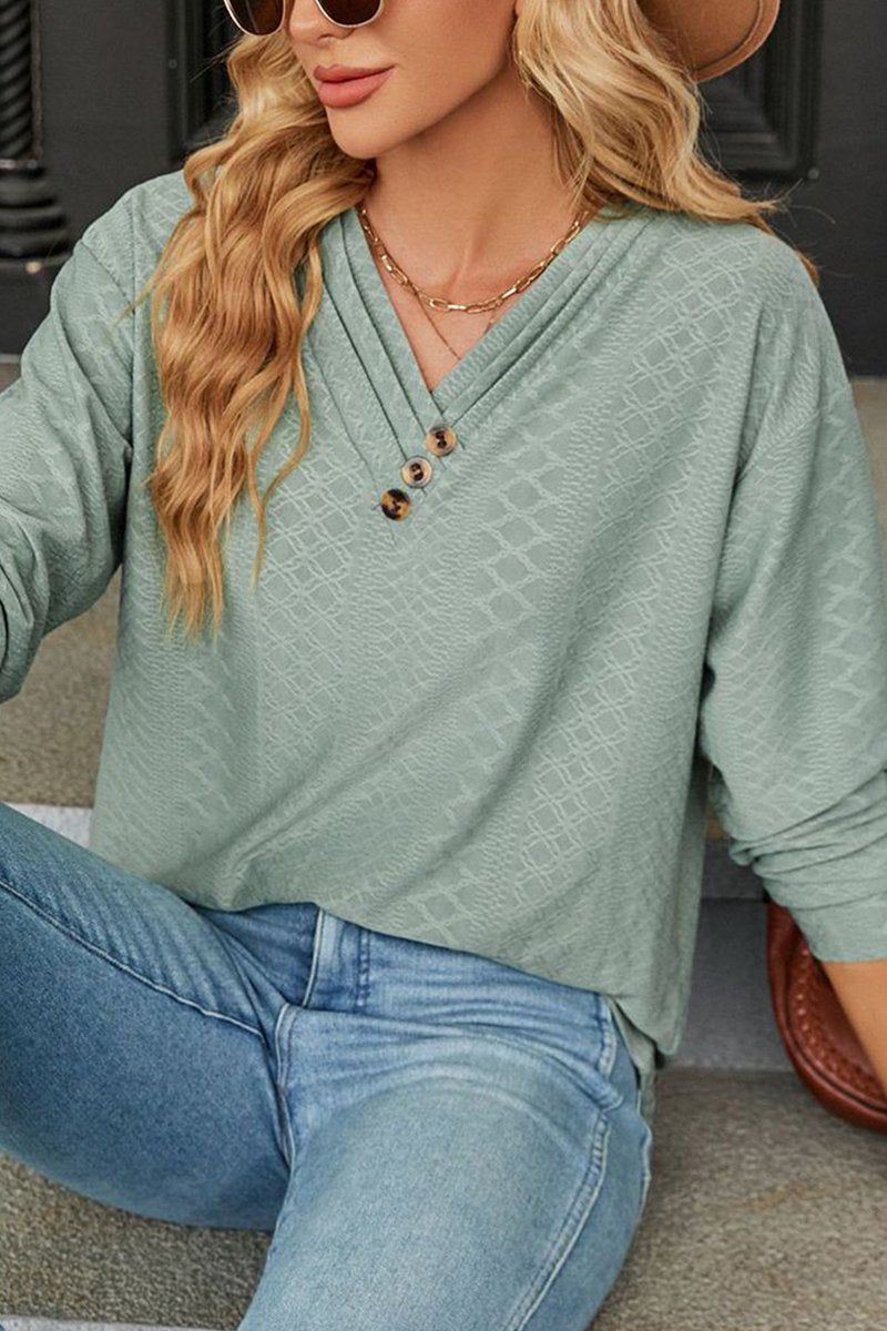 Button Decked V Neck Pattern Stitched Blouse_Cwtbll0154