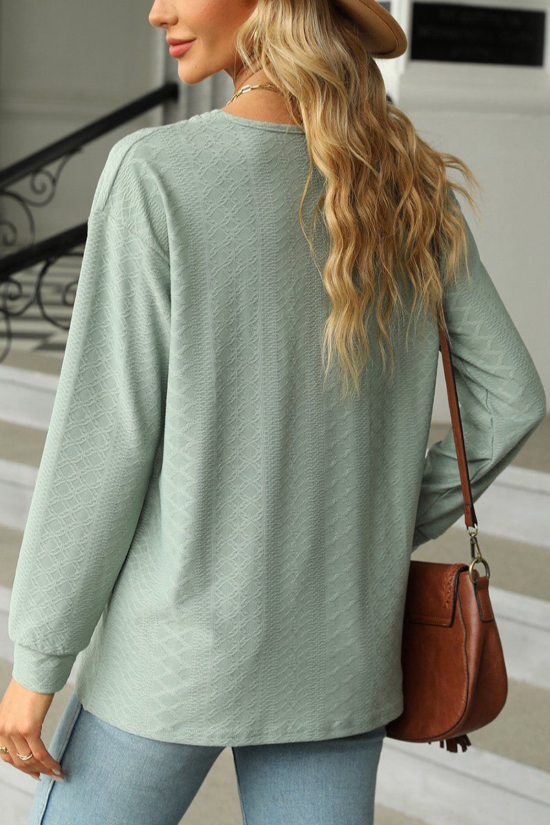 Button Decked V Neck Pattern Stitched Blouse_Cwtbll0154