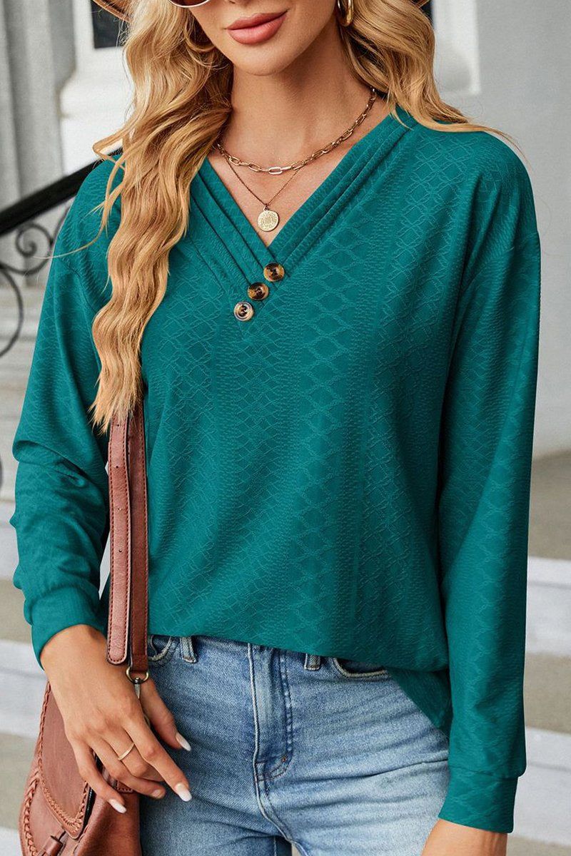 Button Decked V Neck Pattern Stitched Blouse_Cwtbll0154