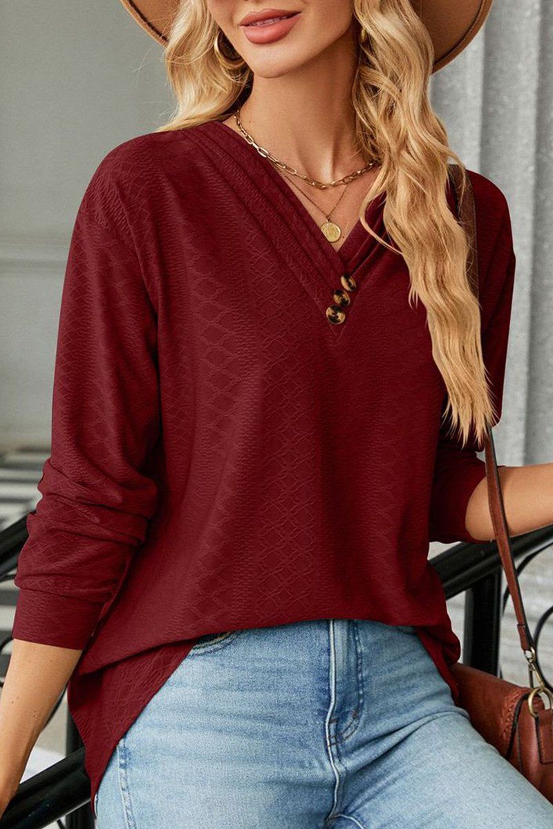 Button Decked V Neck Pattern Stitched Blouse_Cwtbll0154