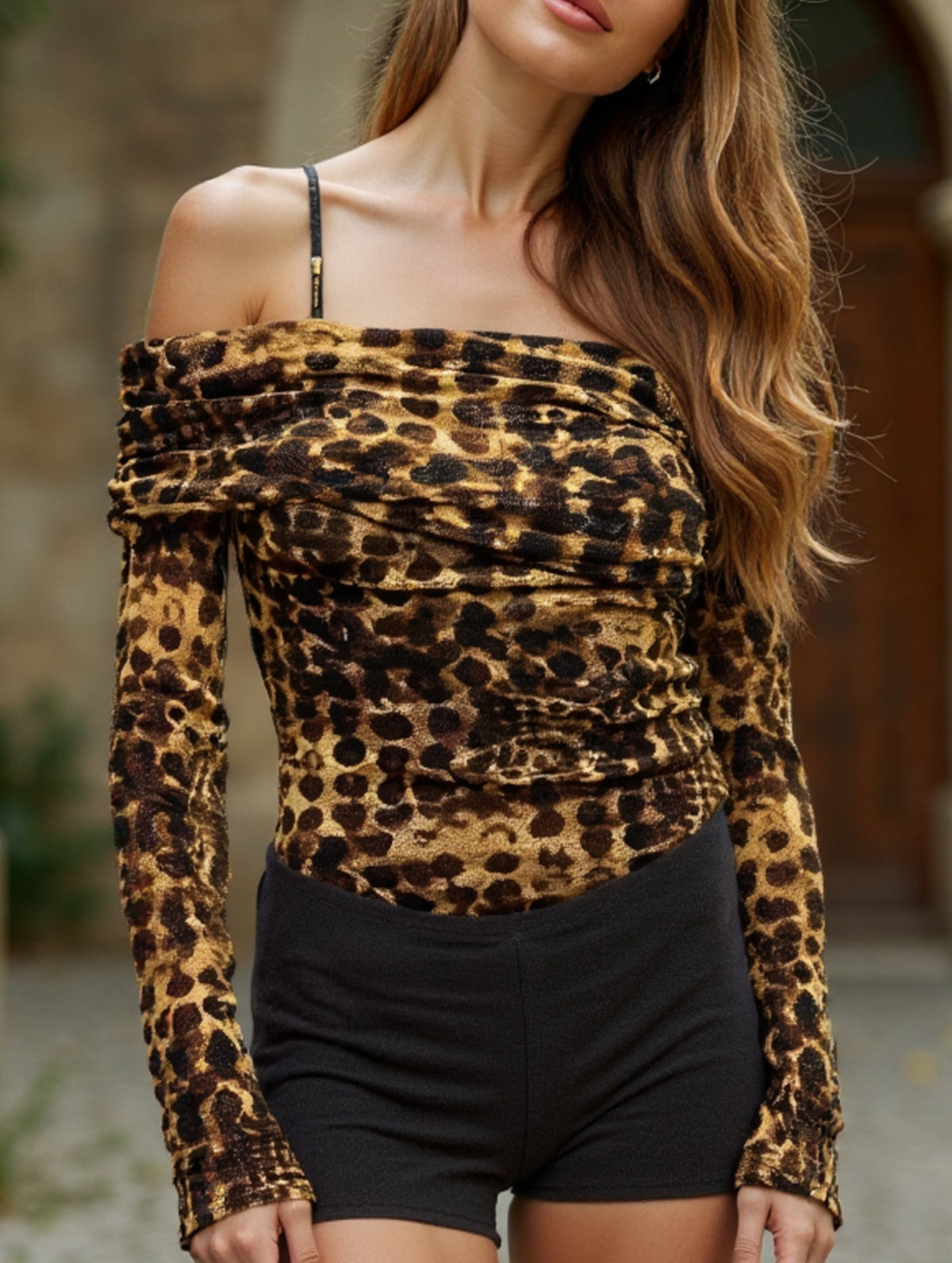 leopard print off-shoulder top