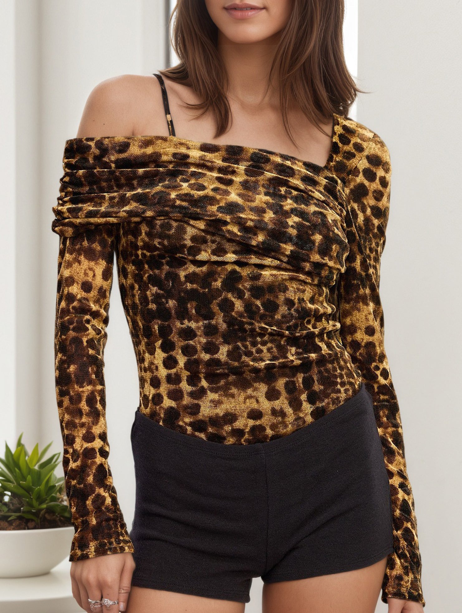 leopard print off-shoulder top