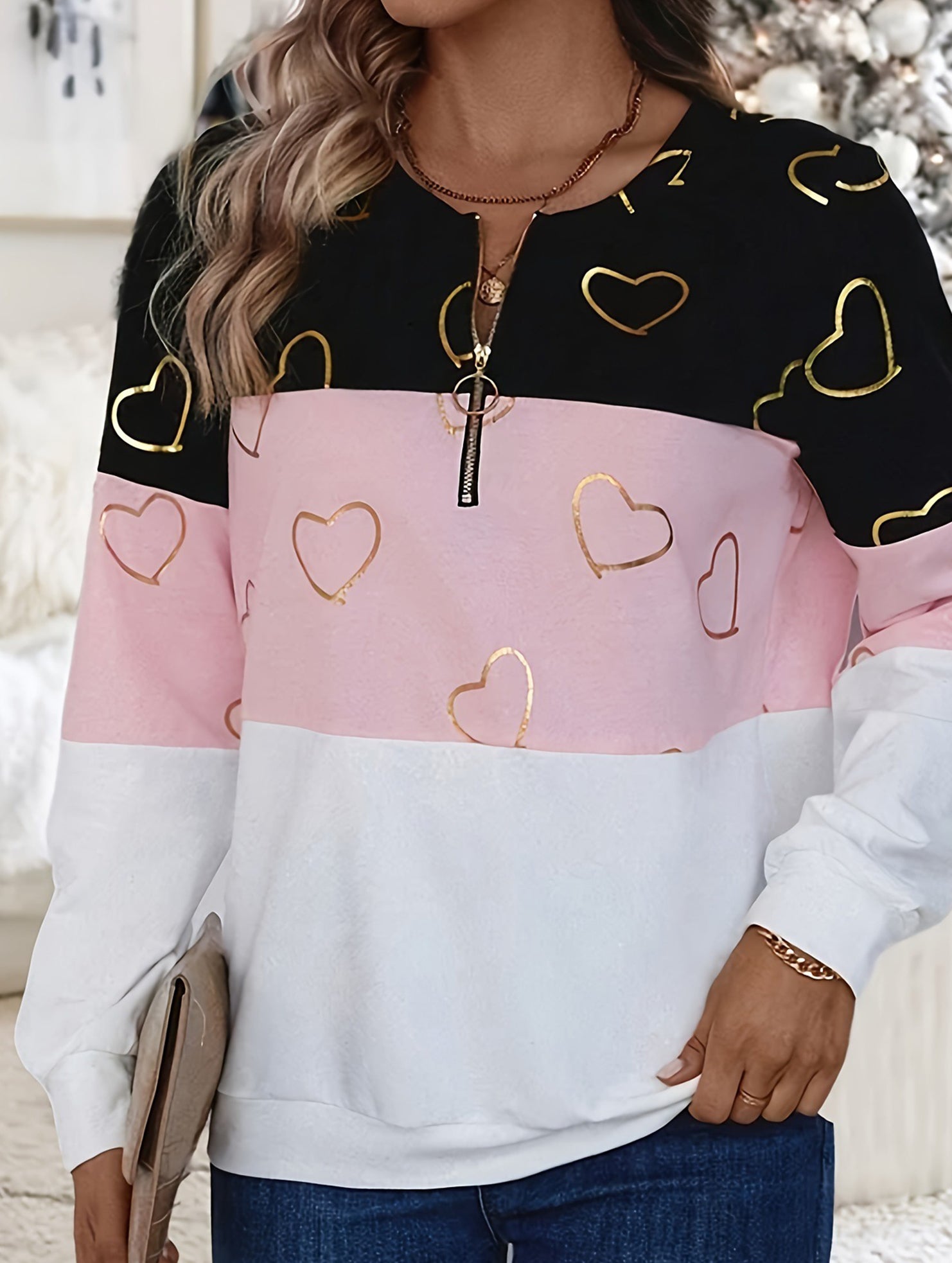 Zippered V-neck long-sleeved T-shirt top