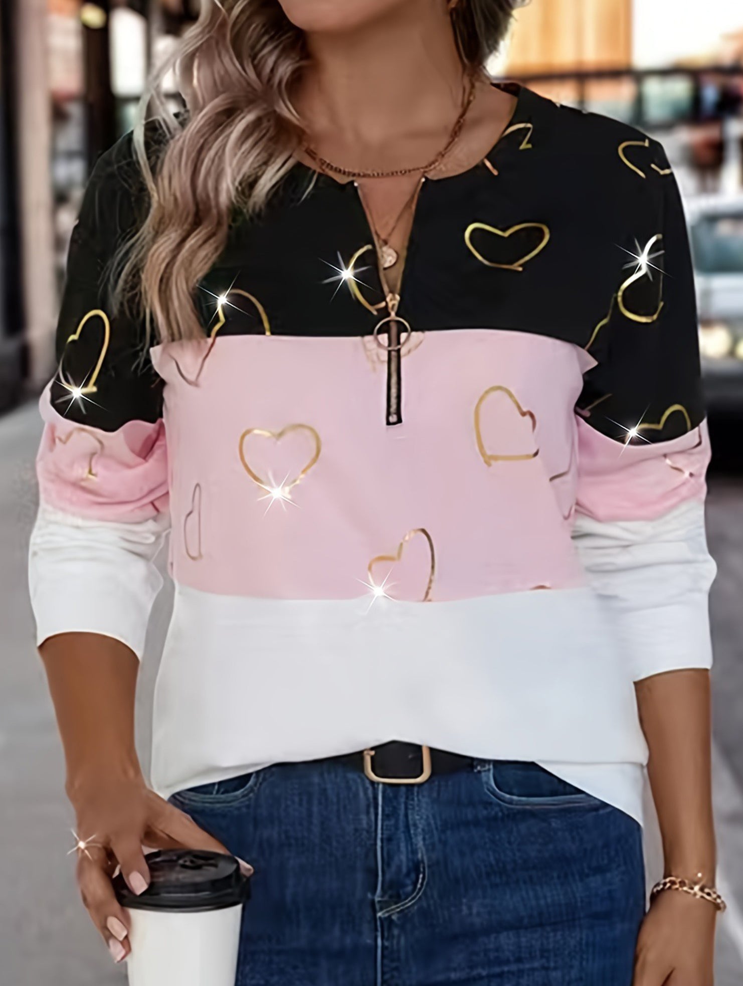 Zippered V-neck long-sleeved T-shirt top