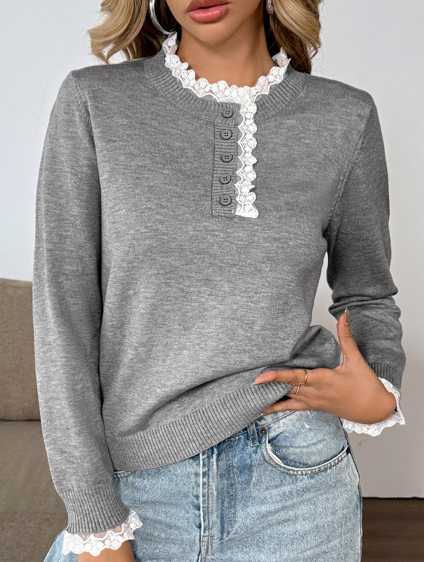 Retro loose lace half-open color-blocked sweater