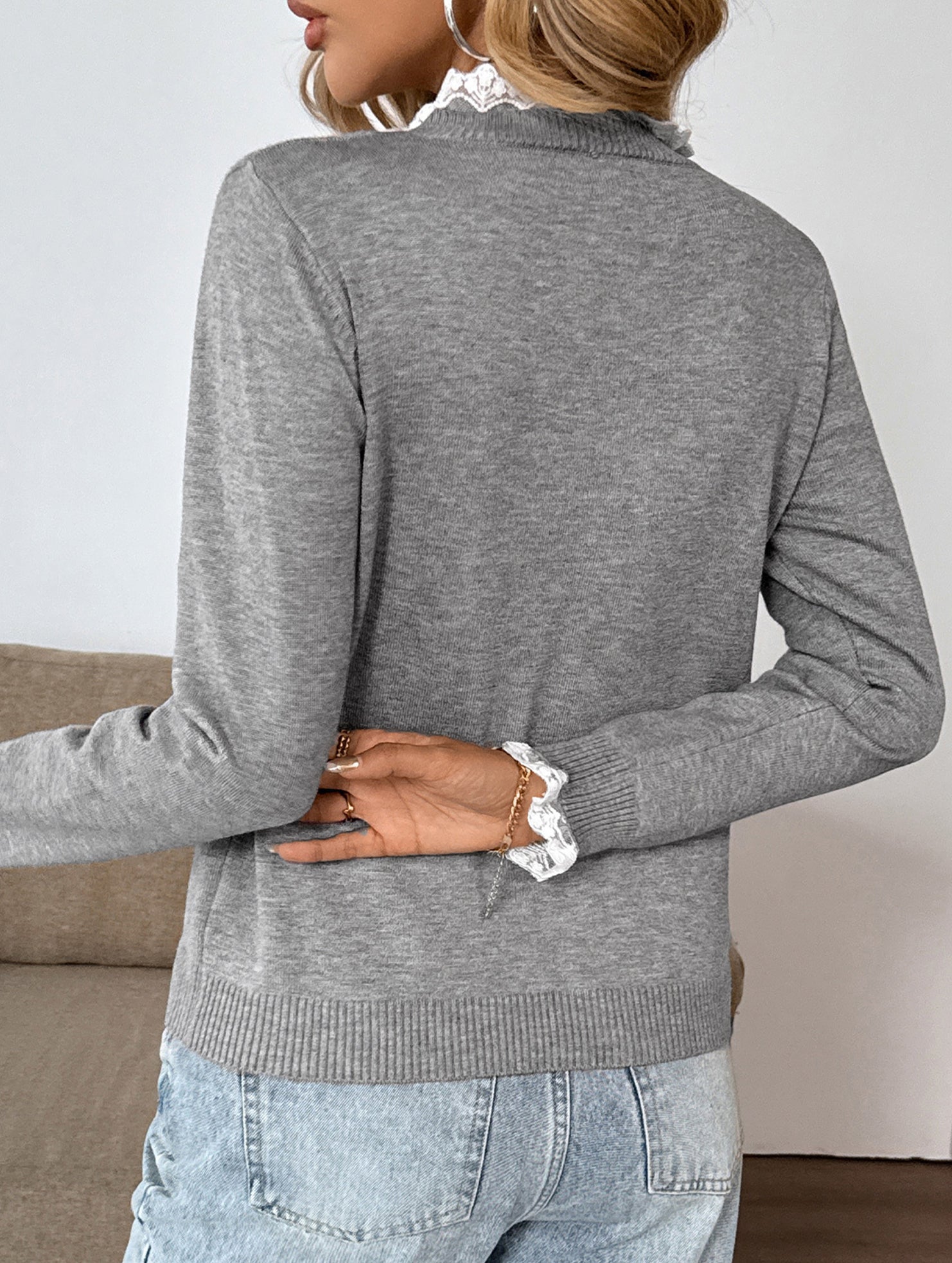 Retro loose lace half-open color-blocked sweater