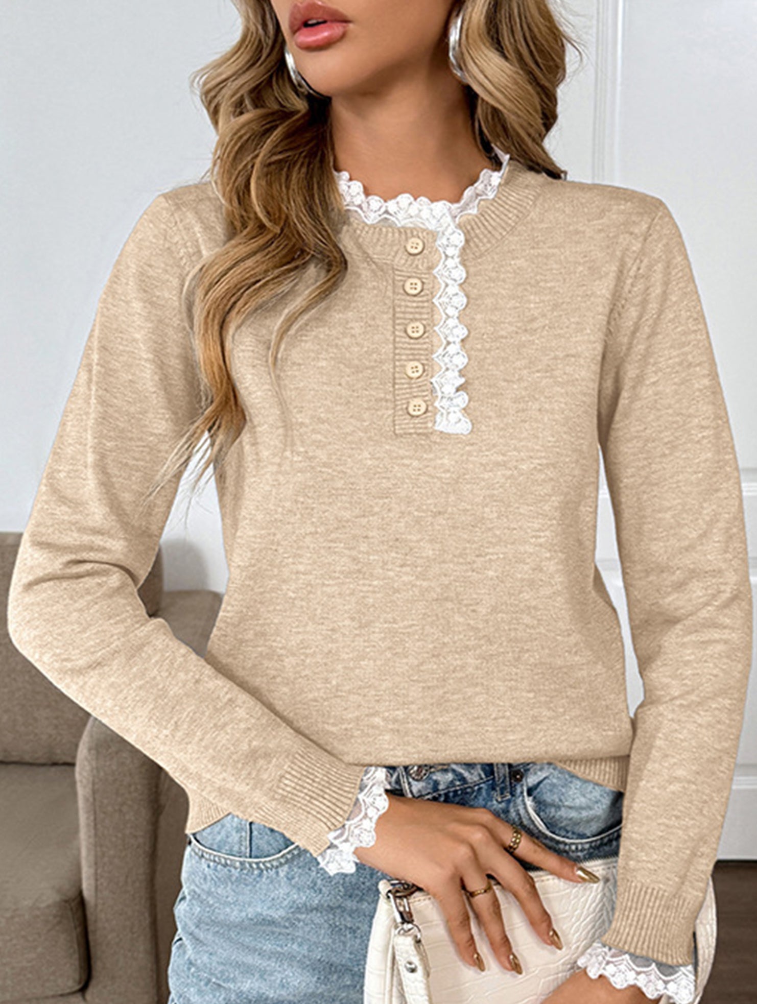 Retro loose lace half-open color-blocked sweater