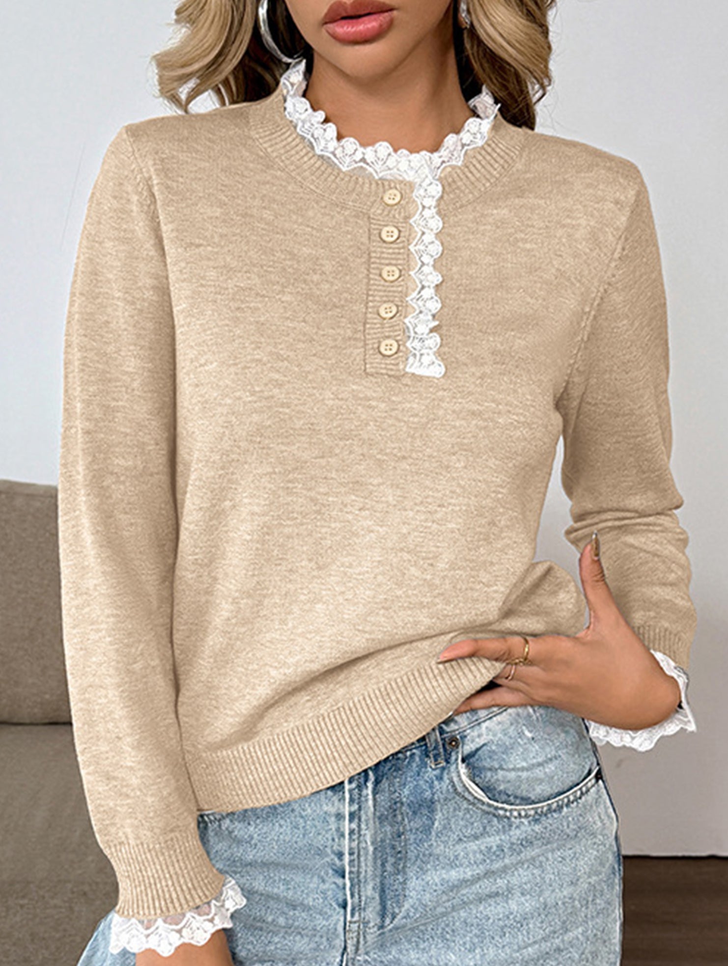 Retro loose lace half-open color-blocked sweater
