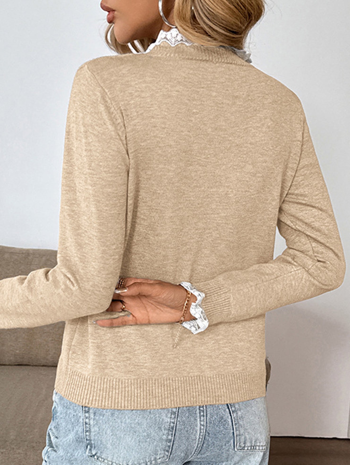 Retro loose lace half-open color-blocked sweater