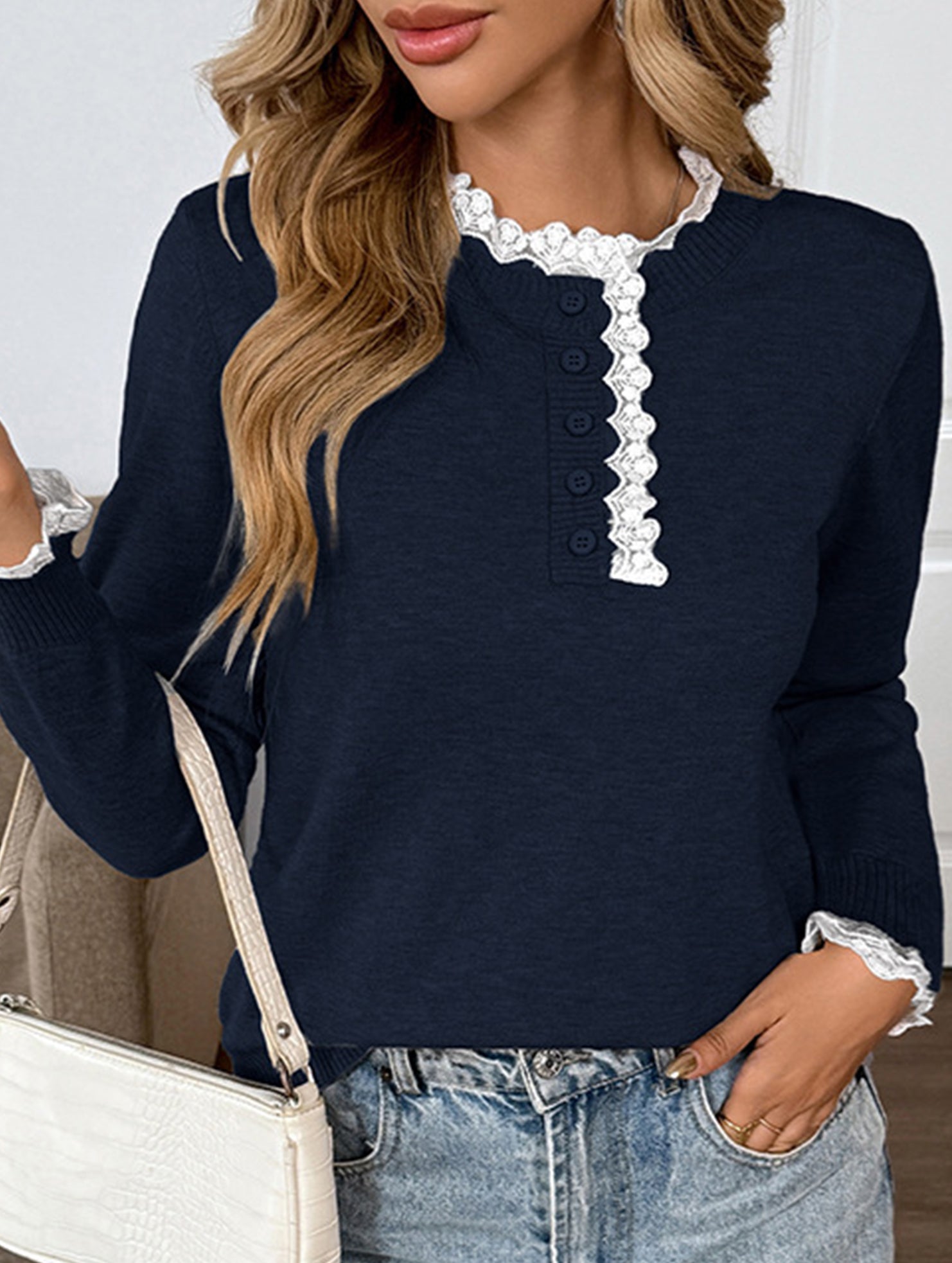 Retro loose lace half-open color-blocked sweater