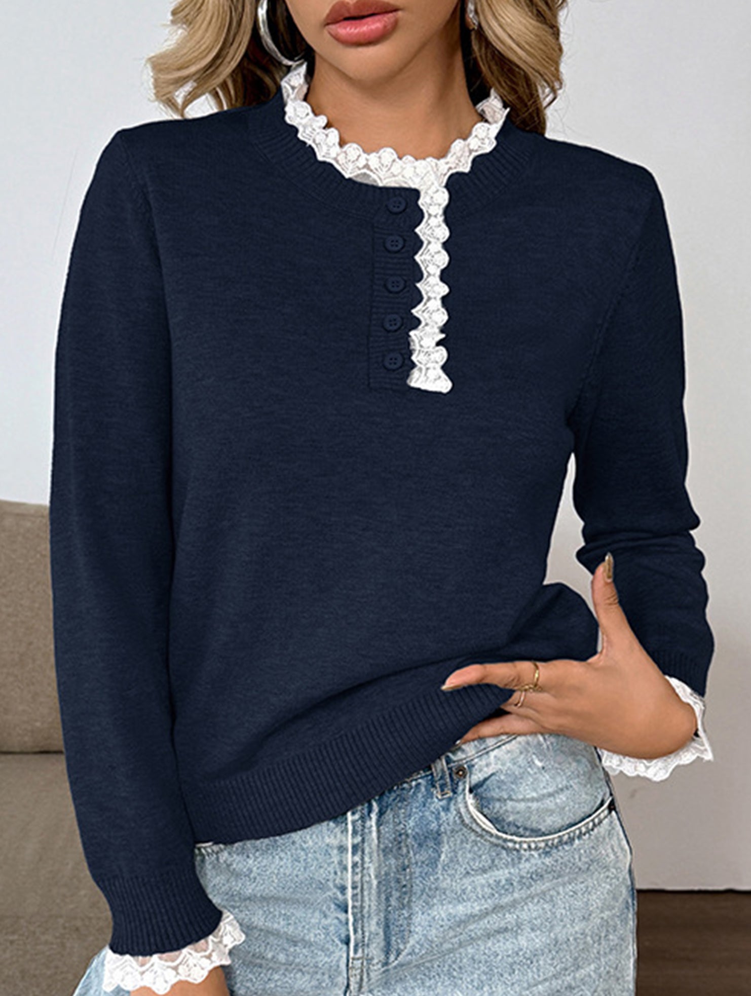 Retro loose lace half-open color-blocked sweater