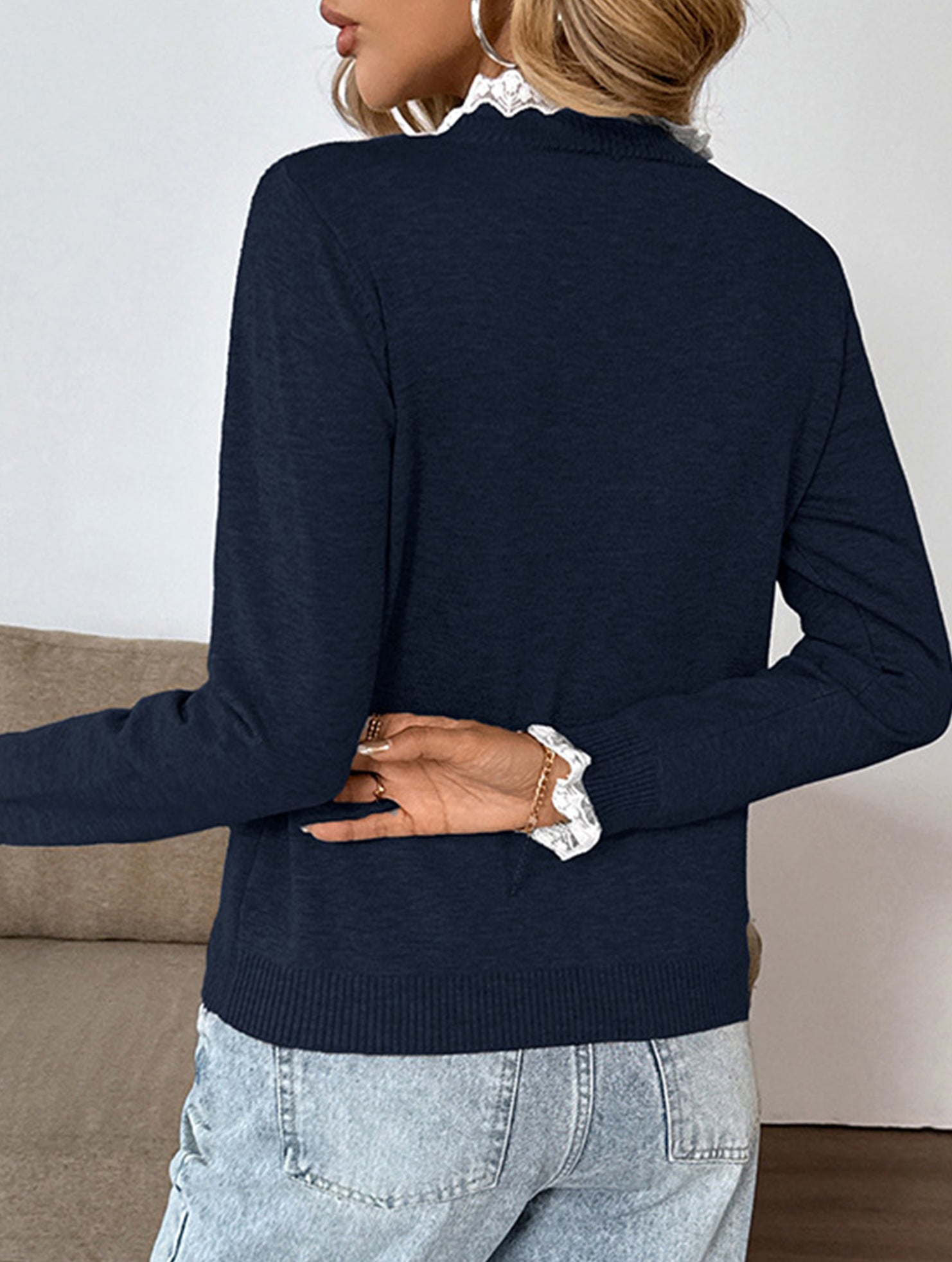 Retro loose lace half-open color-blocked sweater