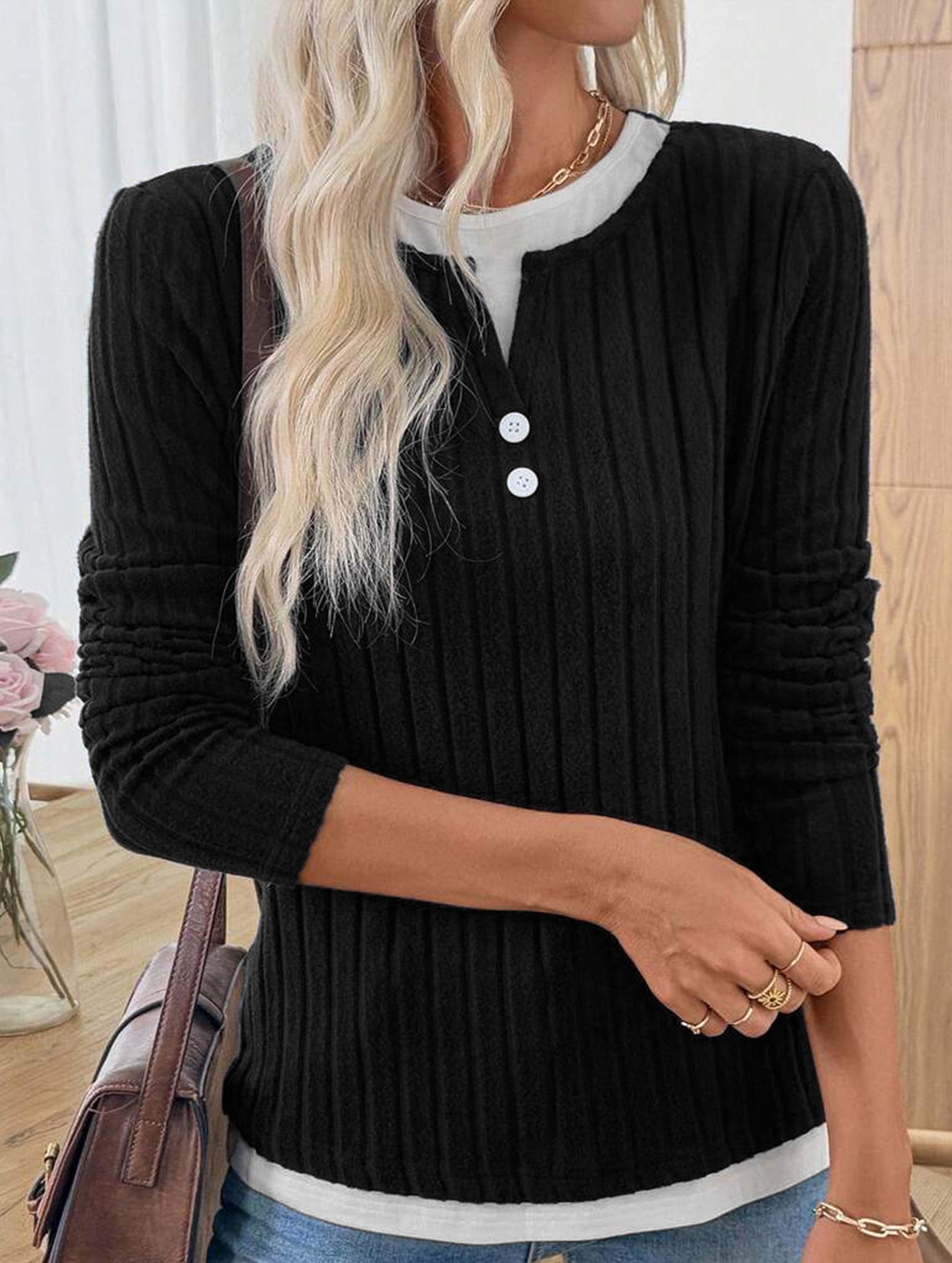 Casual round neck button long sleeve T-shirt
