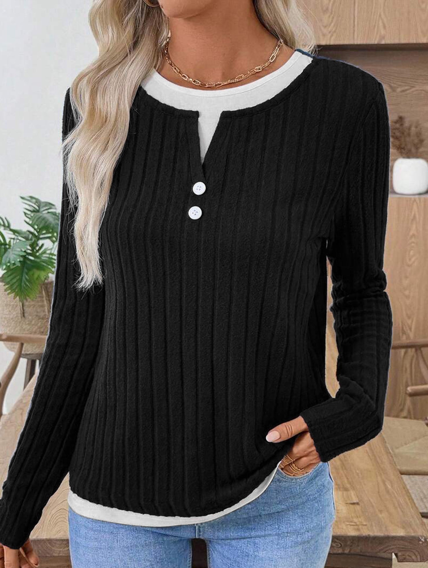 Casual round neck button long sleeve T-shirt