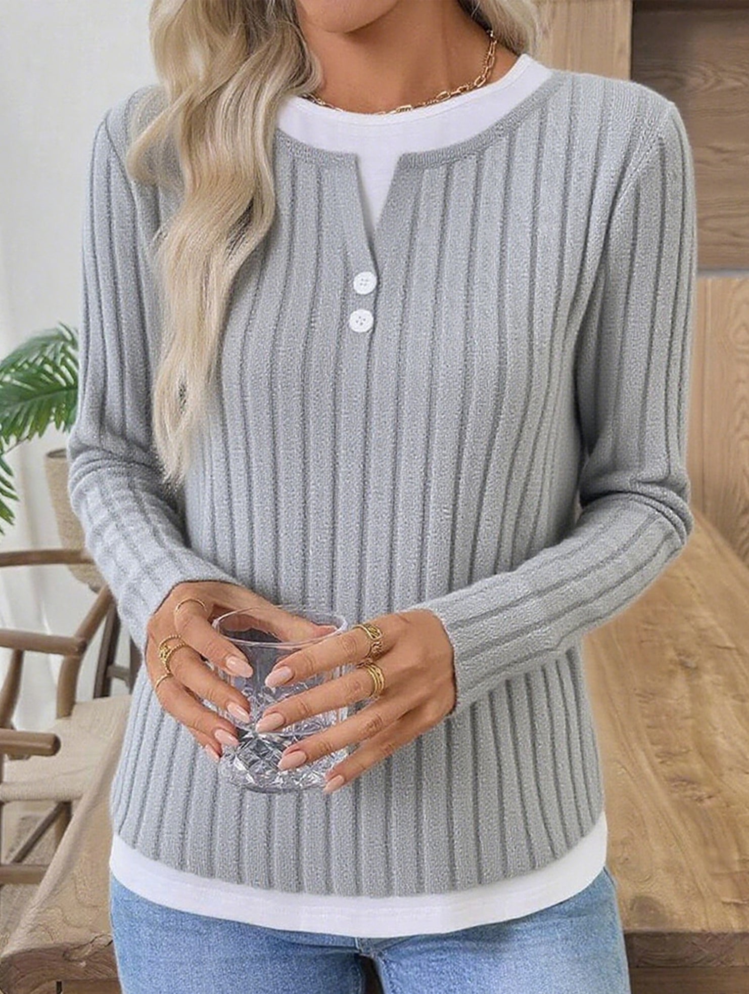 Casual round neck button long sleeve T-shirt