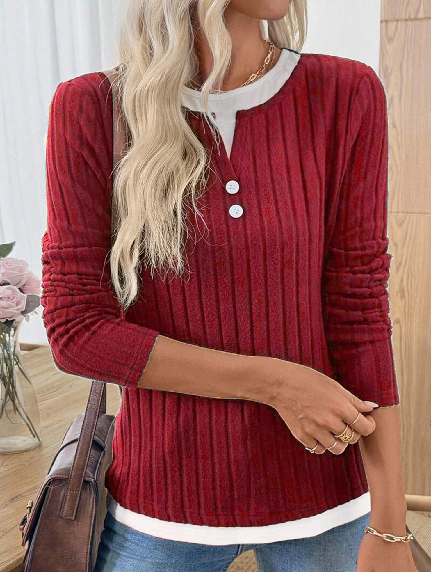 Casual round neck button long sleeve T-shirt