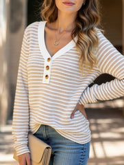 V-neck button-down casual colorblock T-shirt