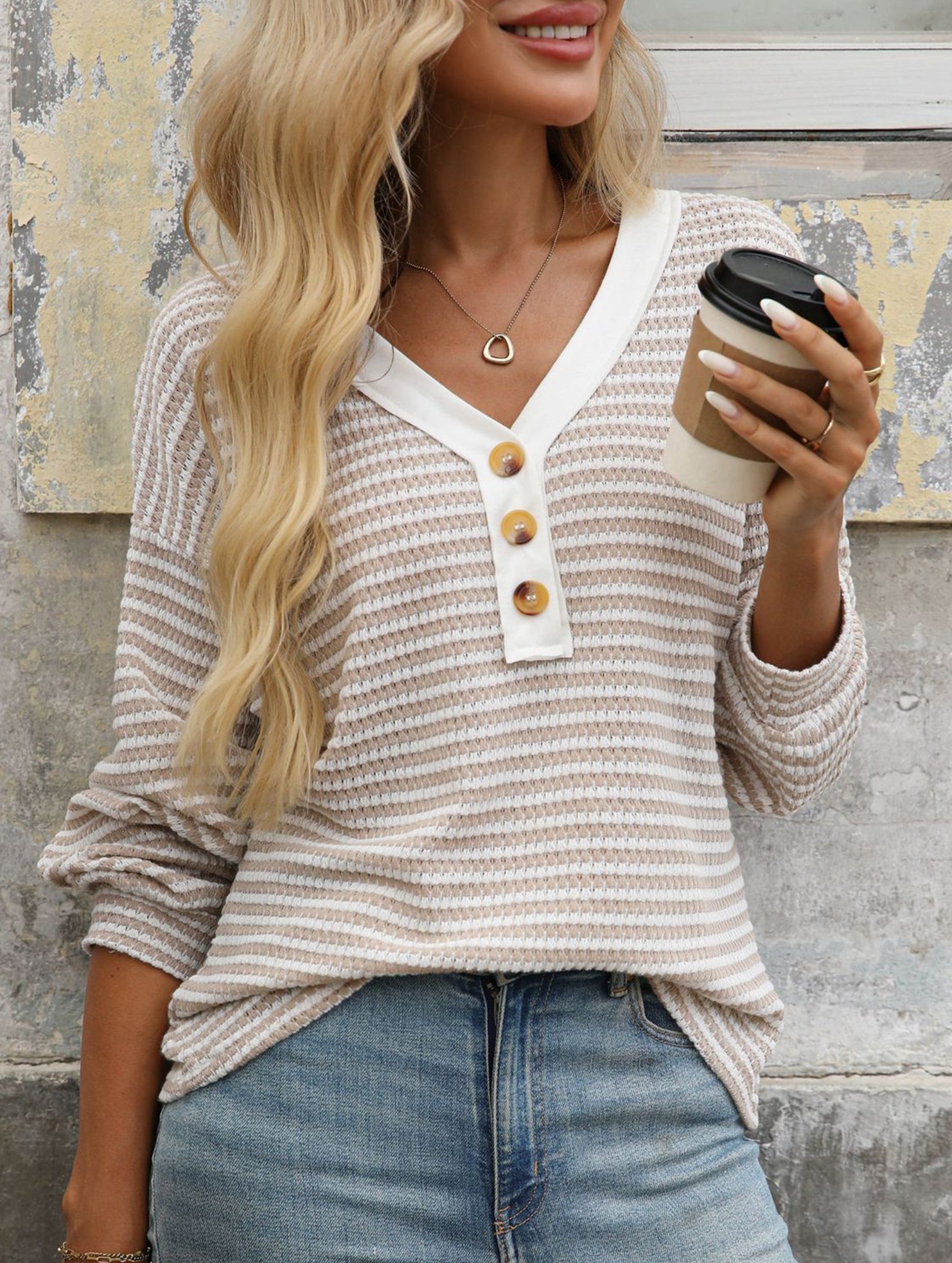 V-neck button-down casual colorblock T-shirt