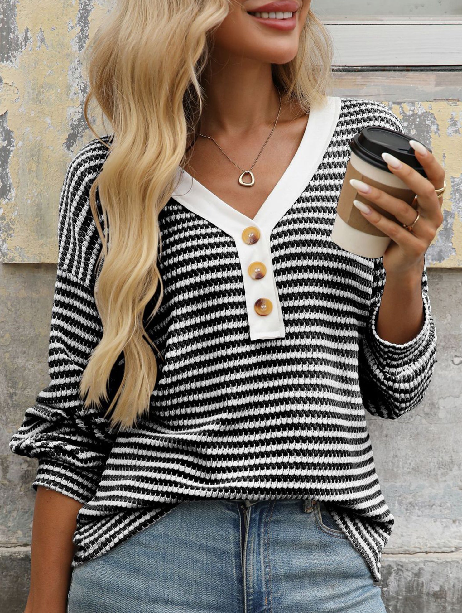 V-neck button-down casual colorblock T-shirt