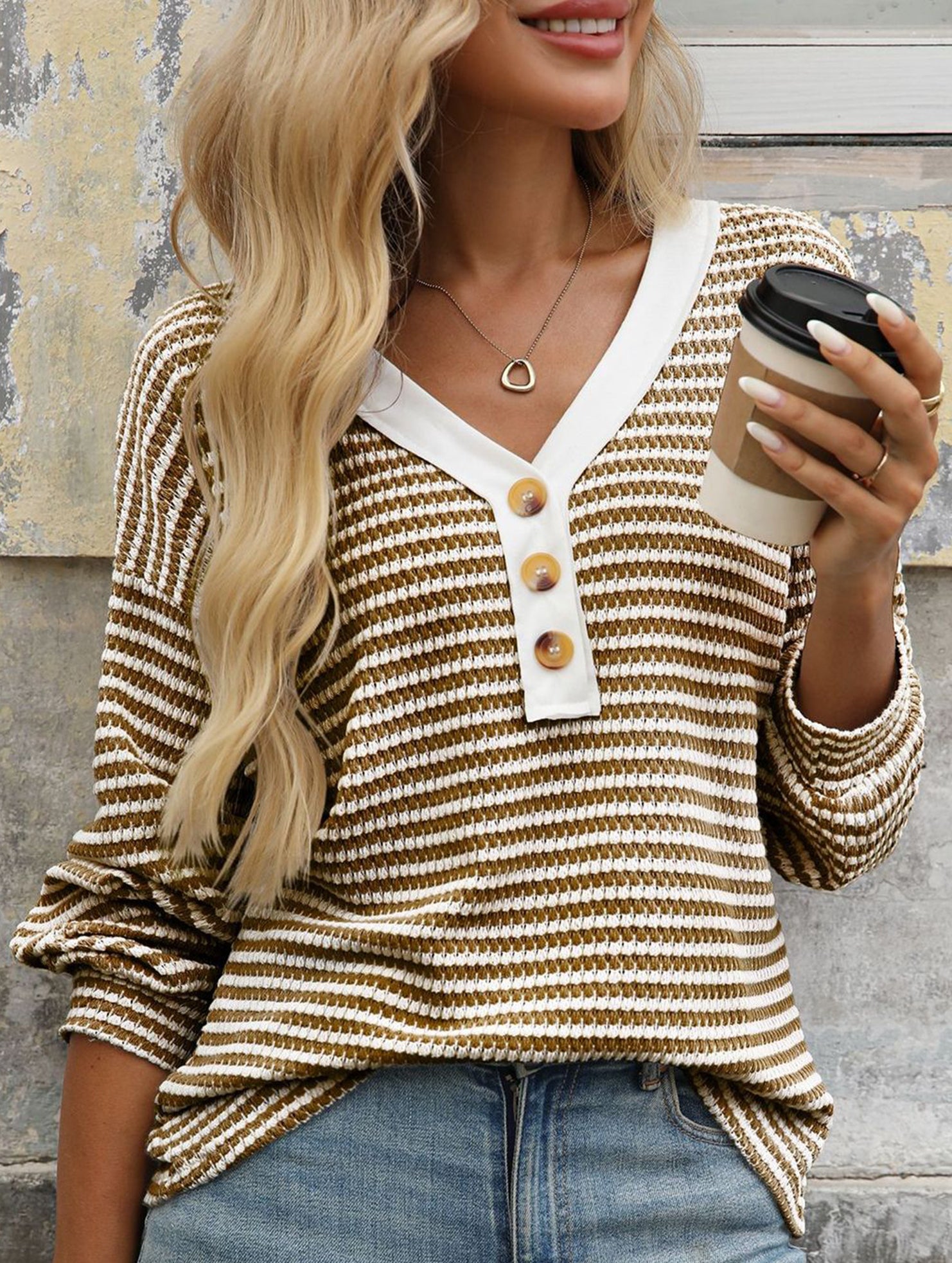 V-neck button-down casual colorblock T-shirt