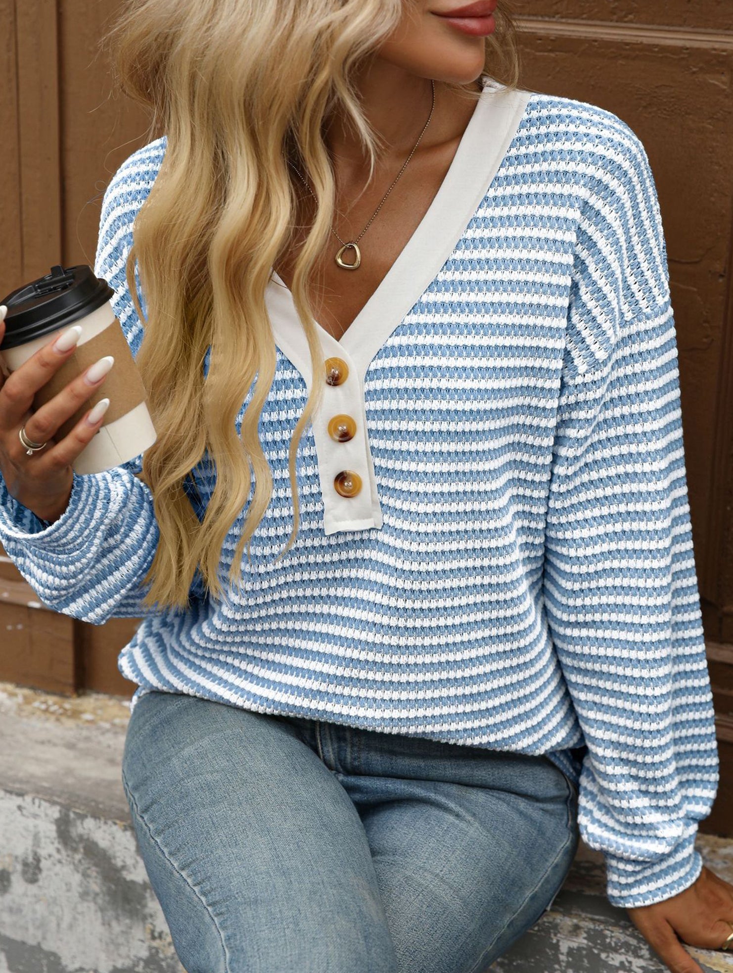 V-neck button-down casual colorblock T-shirt