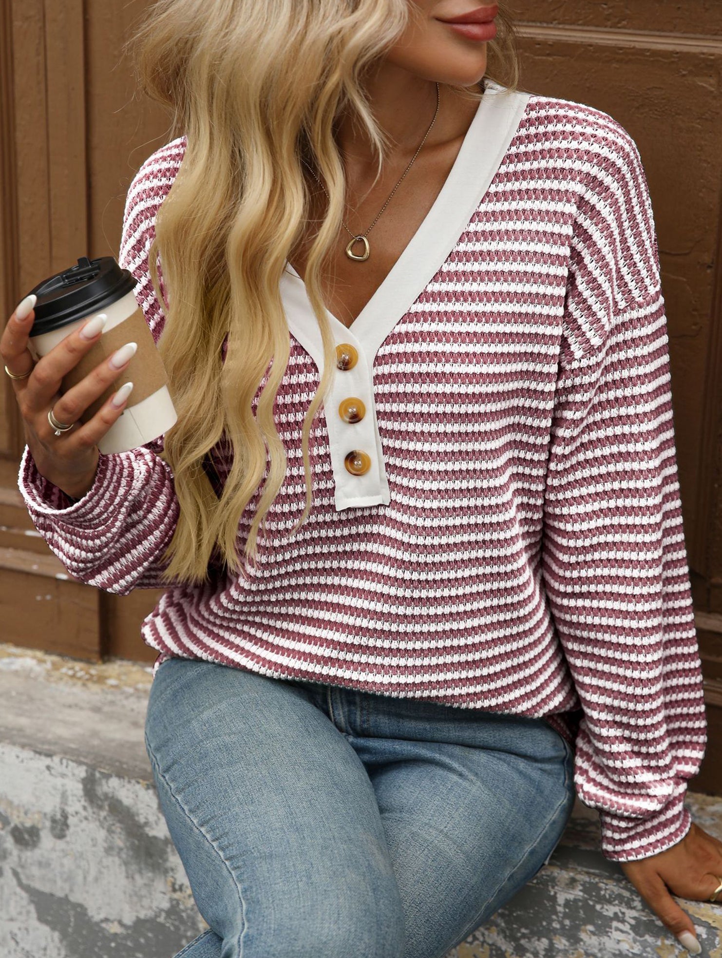 V-neck button-down casual colorblock T-shirt