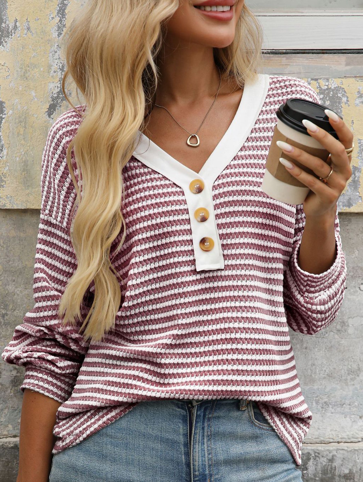 V-neck button-down casual colorblock T-shirt