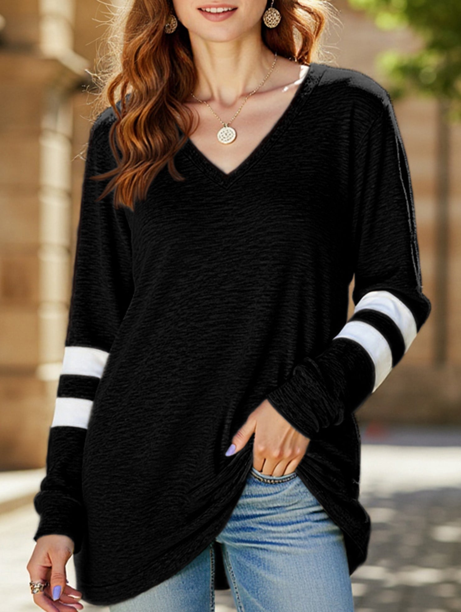 Spliced V-neck loose casual T-shirt top