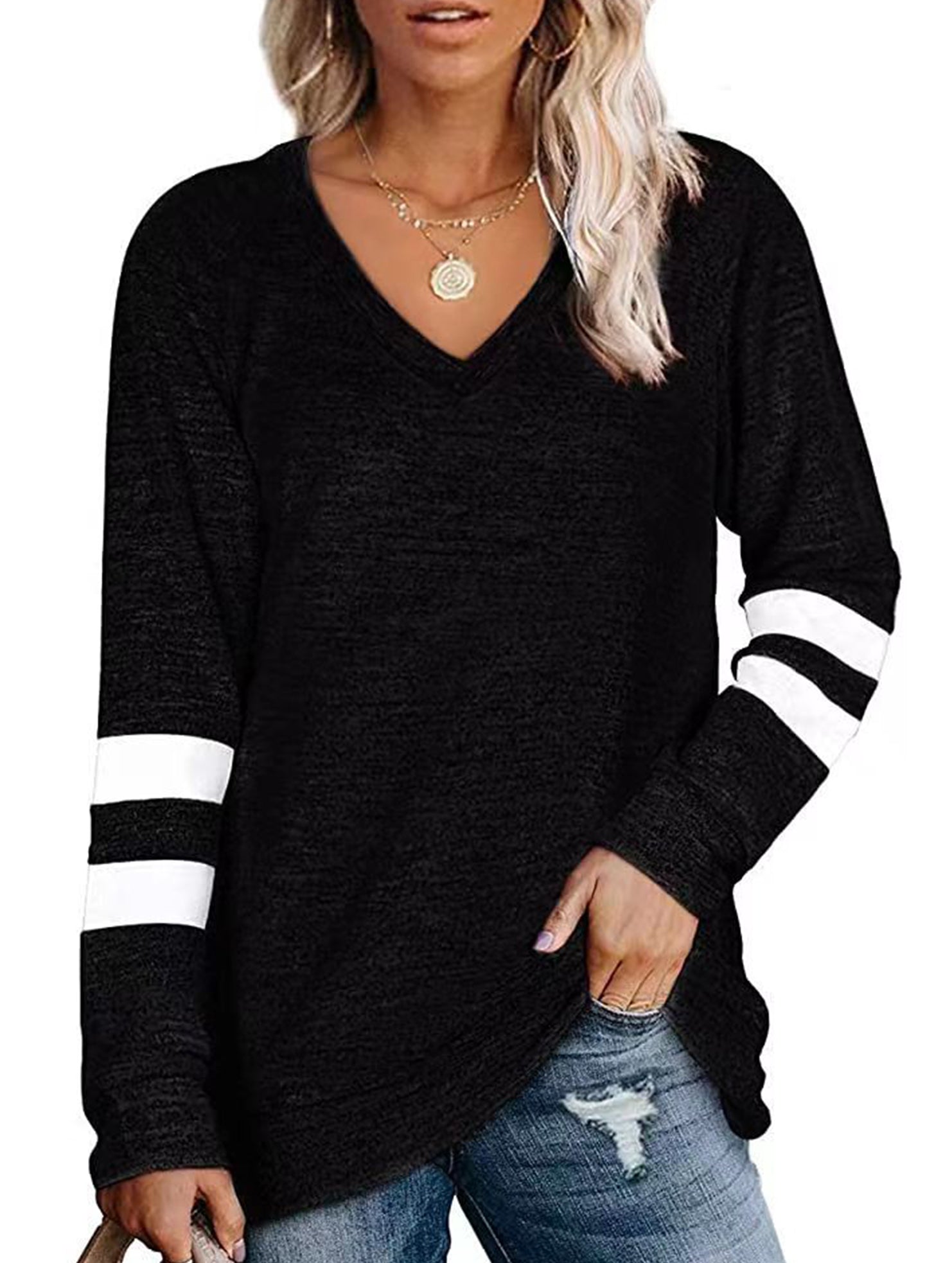 Spliced V-neck loose casual T-shirt top