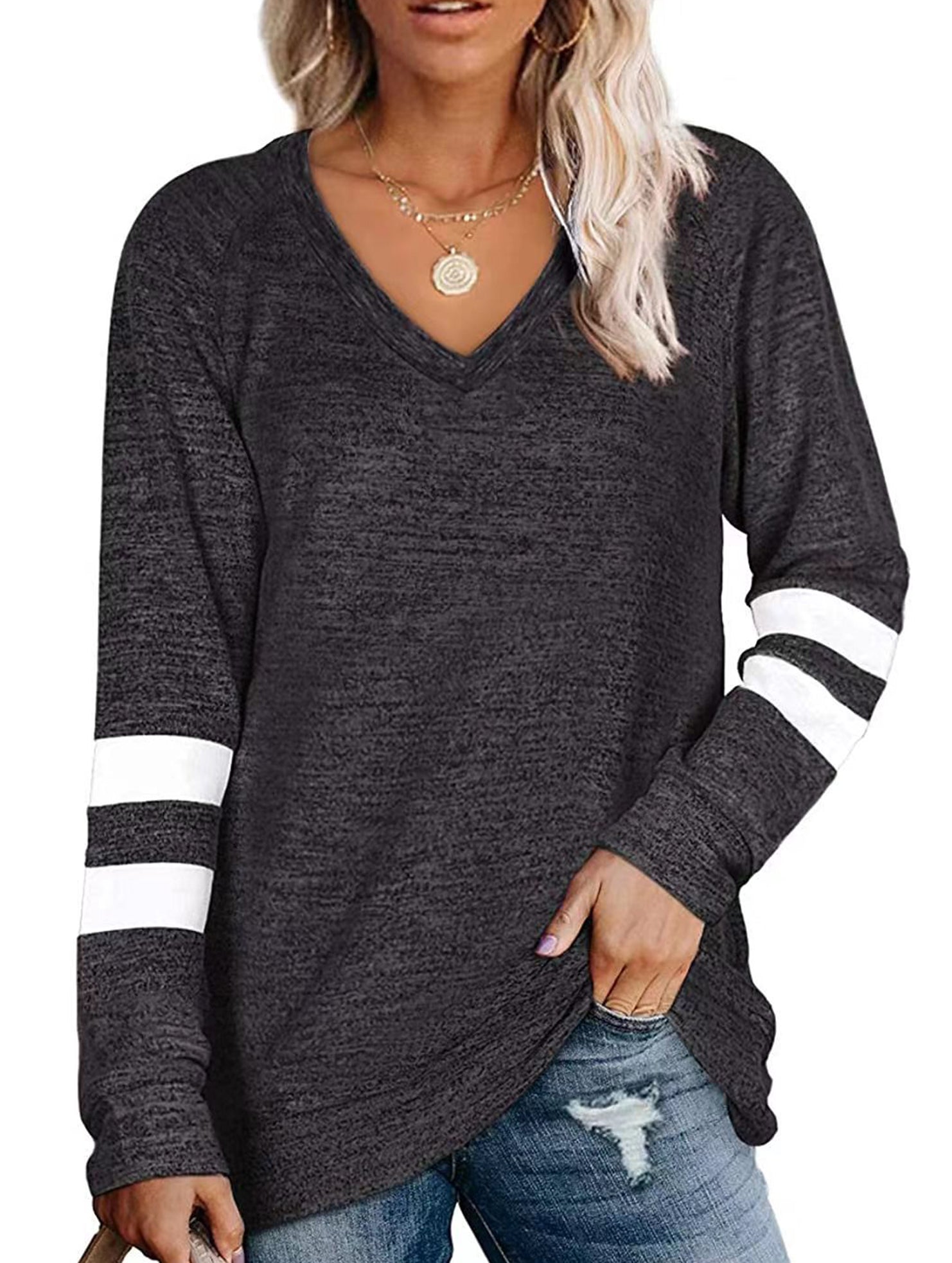 Spliced V-neck loose casual T-shirt top