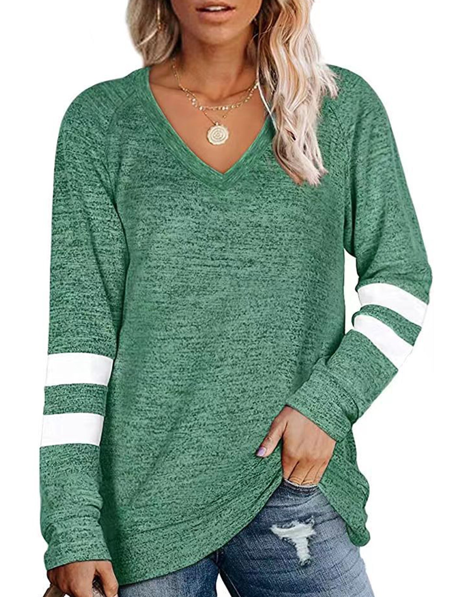 Spliced V-neck loose casual T-shirt top