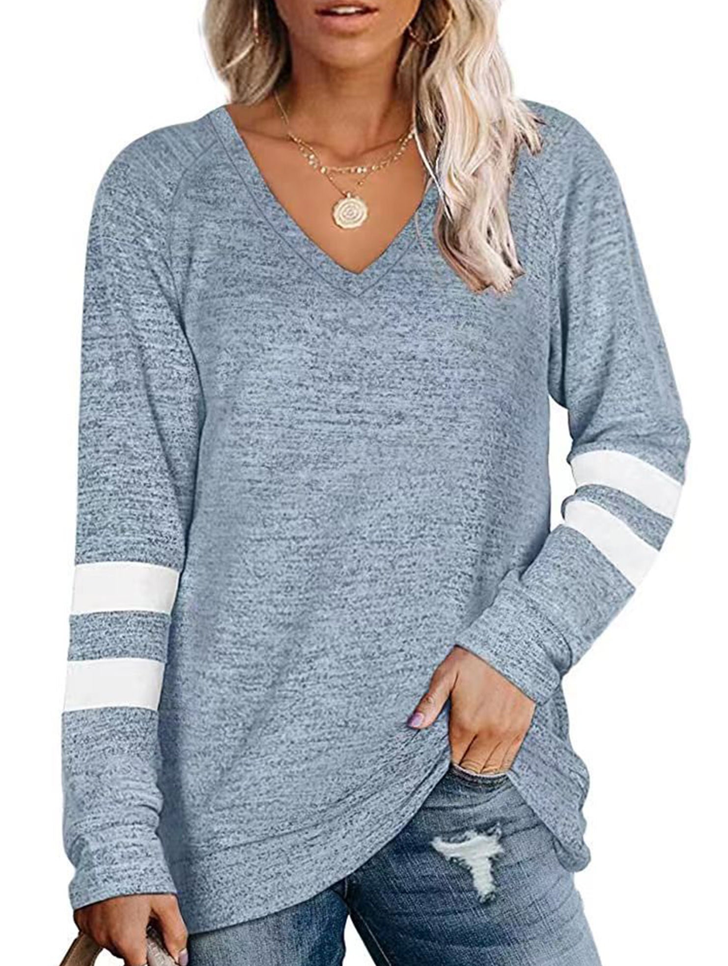 Spliced V-neck loose casual T-shirt top