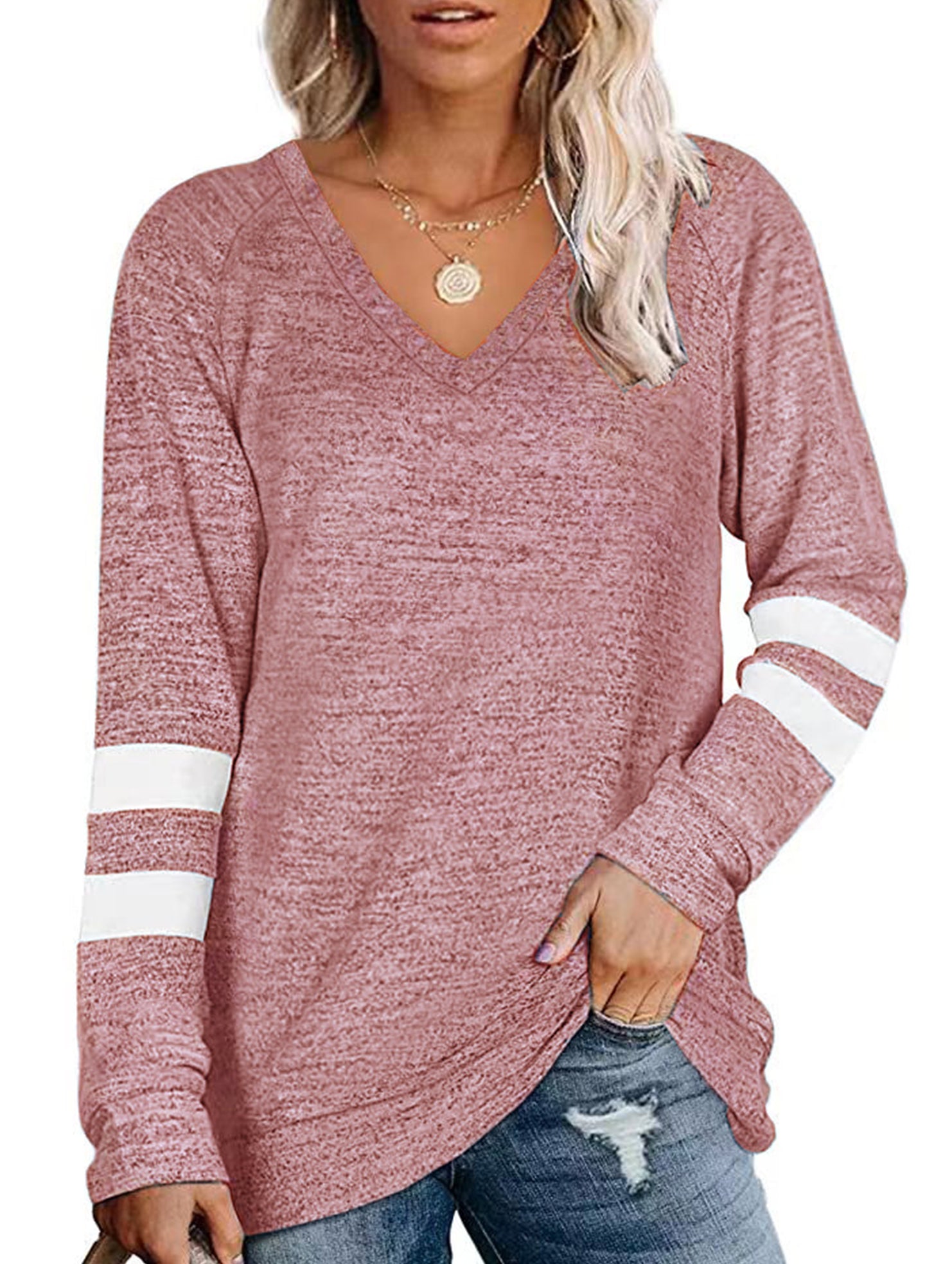 Spliced V-neck loose casual T-shirt top