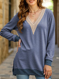 Lace V-neck slit loose long-sleeved T-shirt