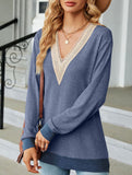 Lace V-neck slit loose long-sleeved T-shirt
