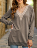 Lace V-neck slit loose long-sleeved T-shirt