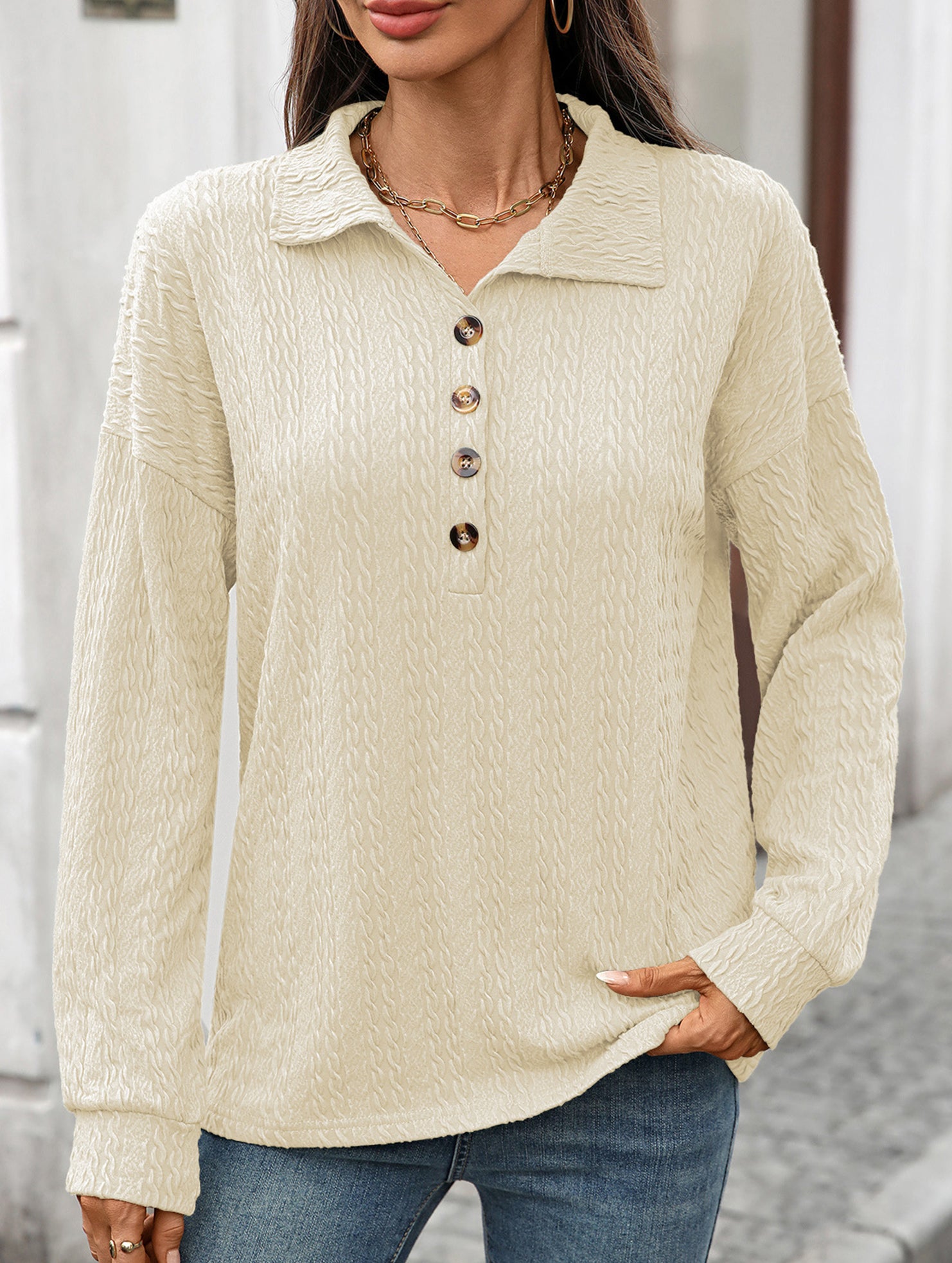 Lapel Casual Button Loose Long Sleeve Sweatshirt