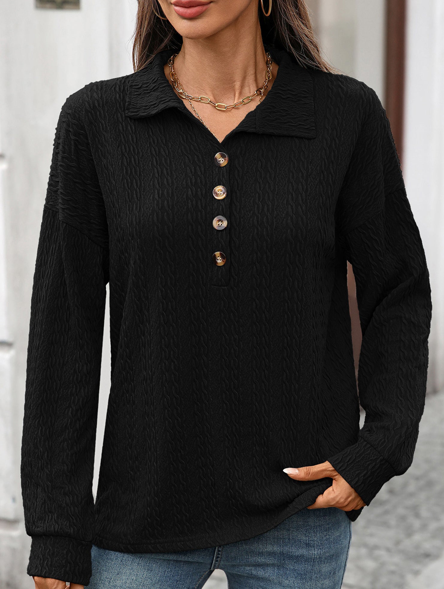 Lapel Casual Button Loose Long Sleeve Sweatshirt