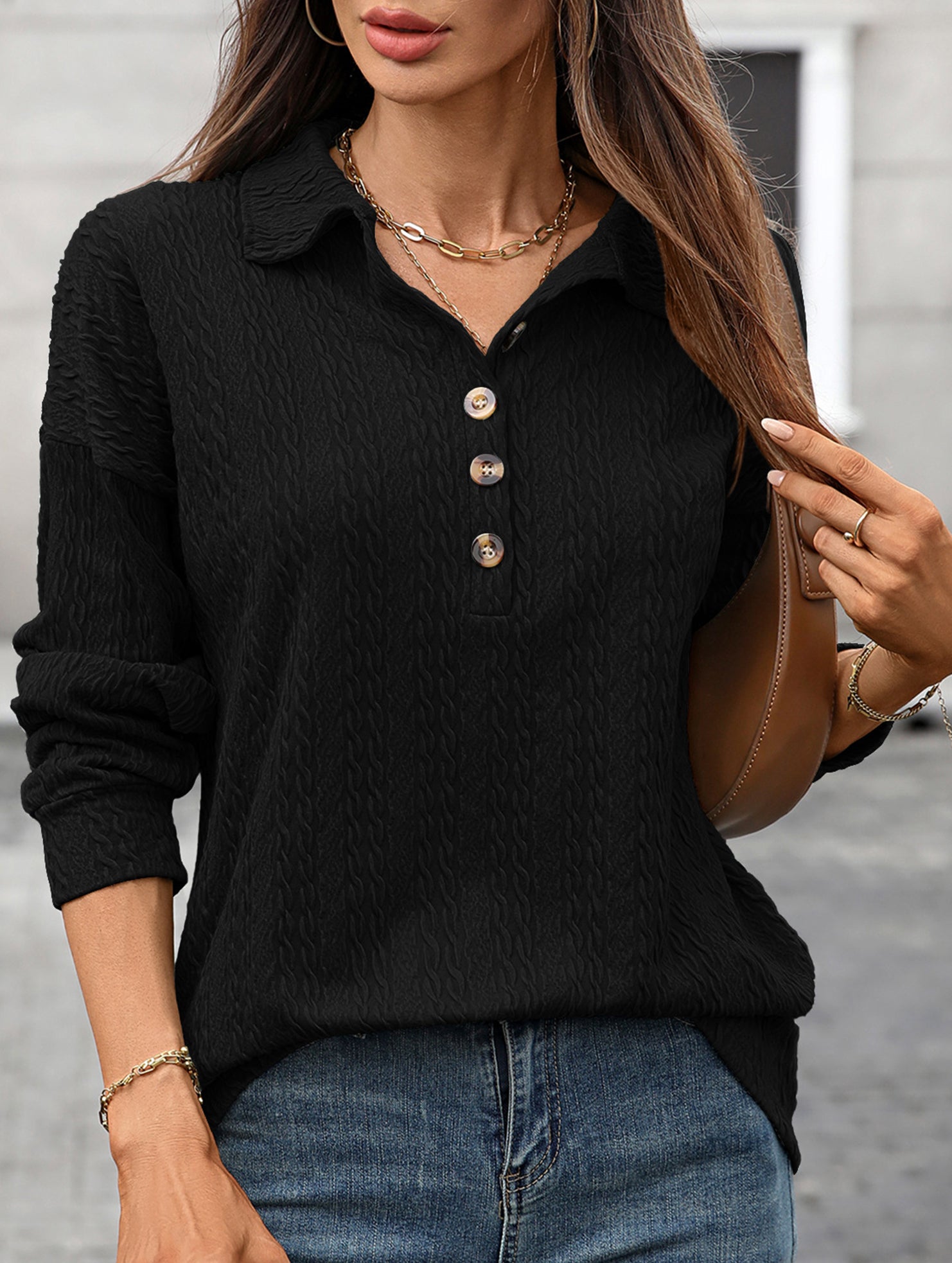 Lapel Casual Button Loose Long Sleeve Sweatshirt