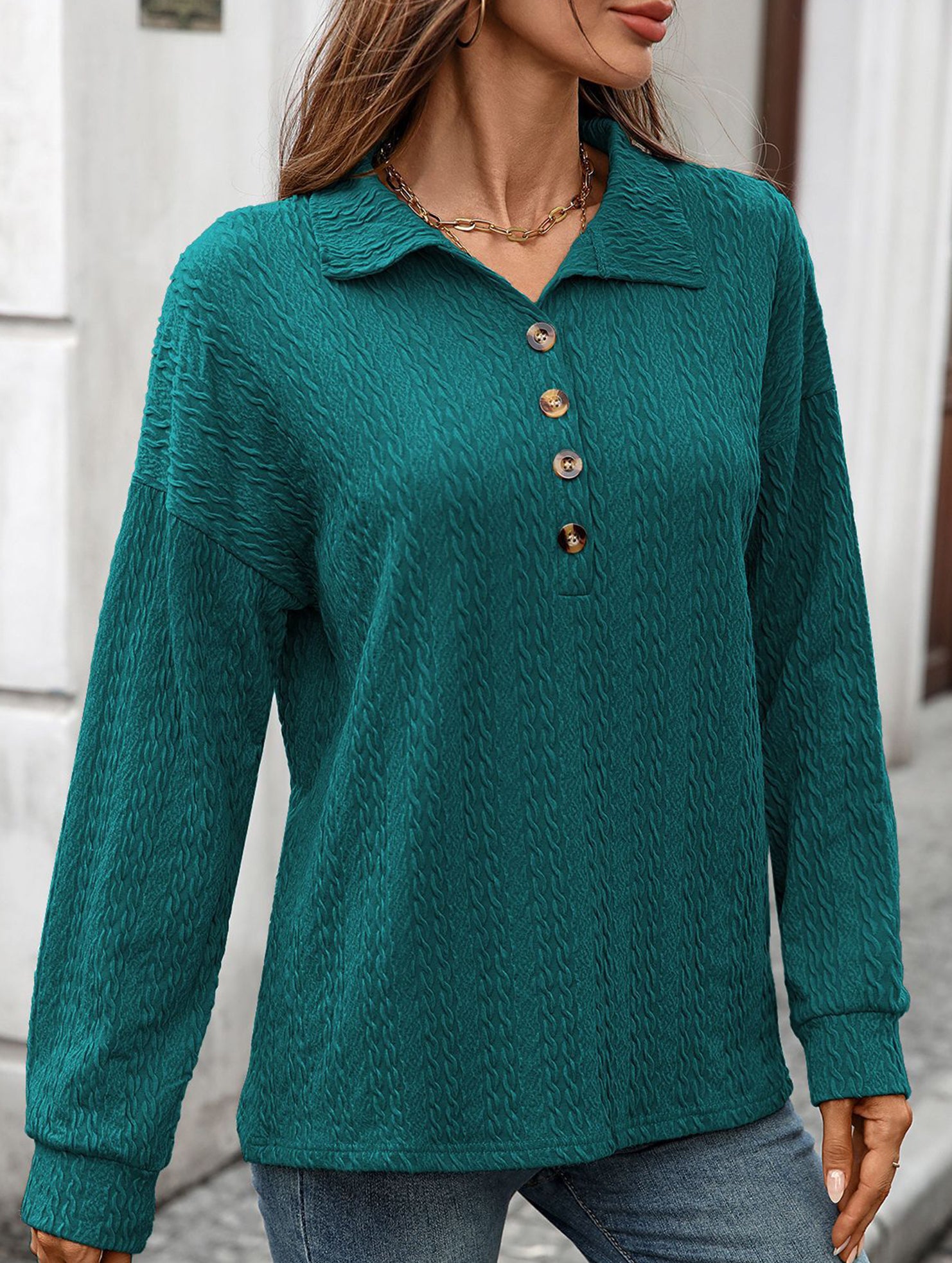 Lapel Casual Button Loose Long Sleeve Sweatshirt