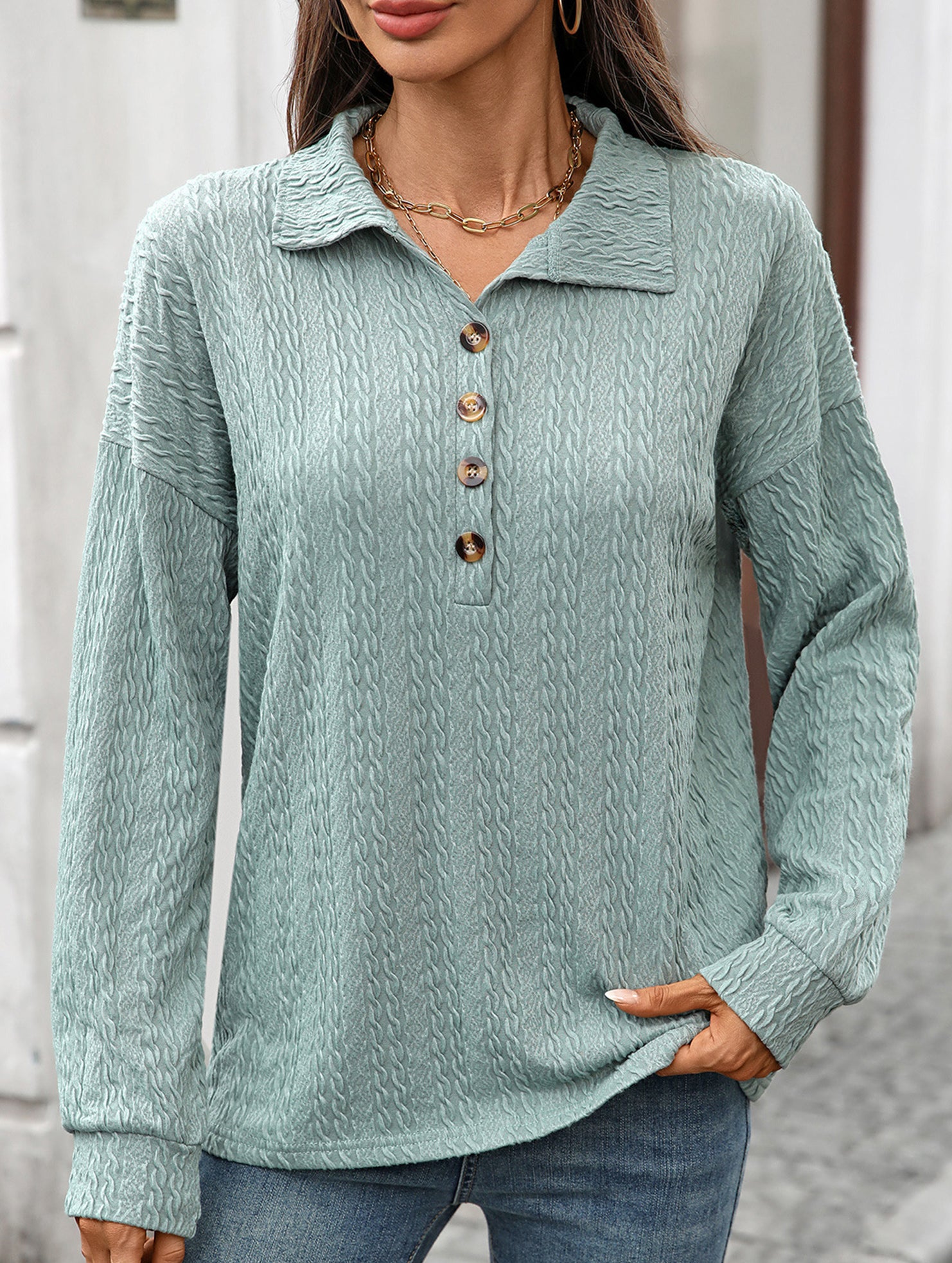 Lapel Casual Button Loose Long Sleeve Sweatshirt