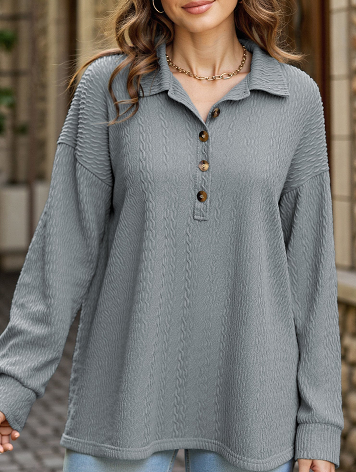 Lapel Casual Button Loose Long Sleeve Sweatshirt