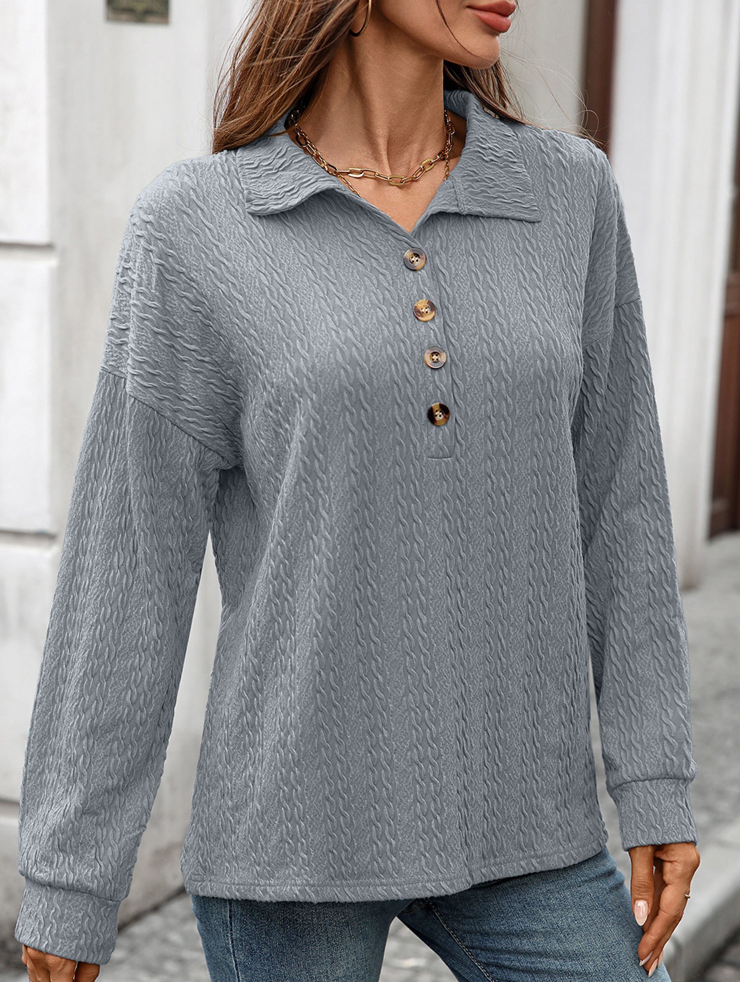 Lapel Casual Button Loose Long Sleeve Sweatshirt