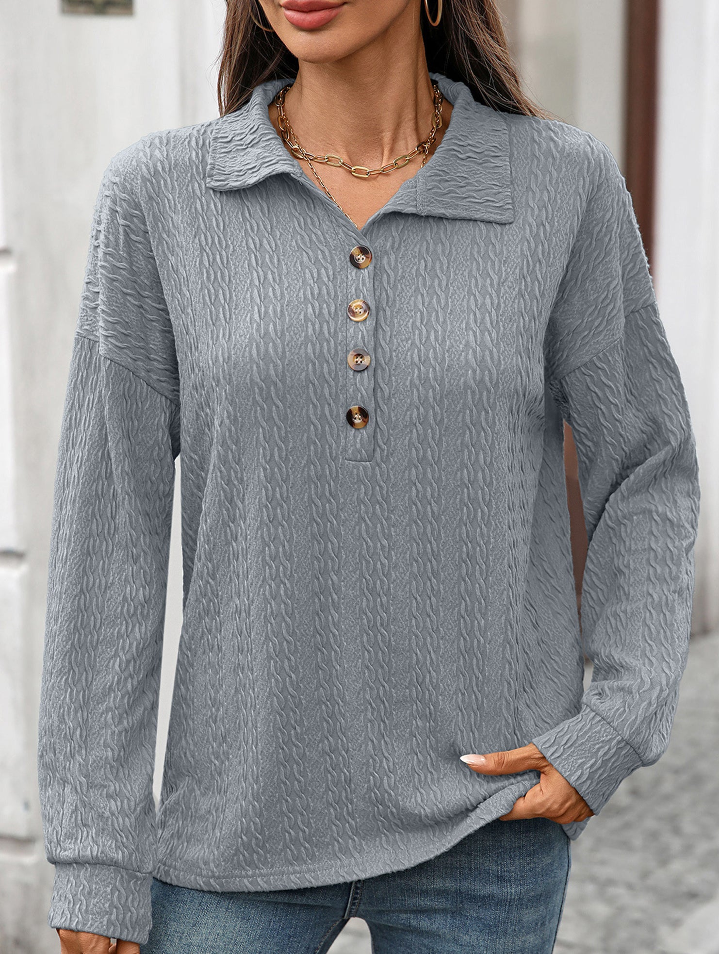 Lapel Casual Button Loose Long Sleeve Sweatshirt