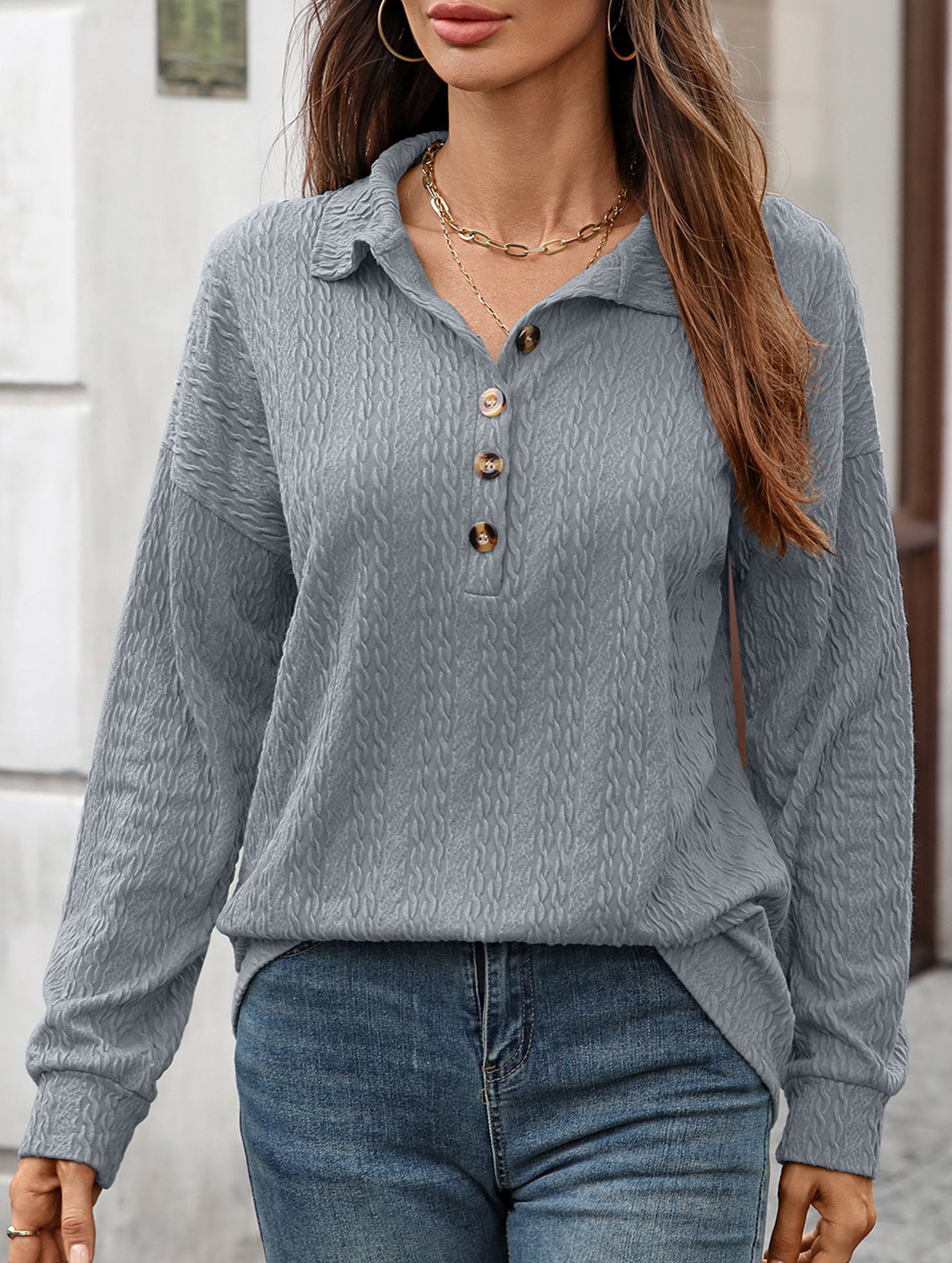Lapel Casual Button Loose Long Sleeve Sweatshirt